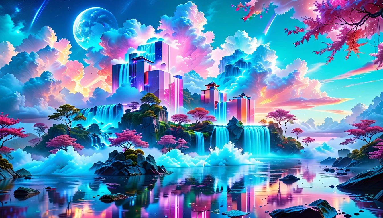 A Masterpiece In 32K Resolution: Supreme Quality, Super Detail, Official Art, Very High-Resolution 32K Wallpaper, Beautiful And Aesthetic, Ultra-Detailed Features, Awe-Inspiring Detail. Visualize A Captivating Realm Steeped In Romantic Dreams, Where Reality Merges With Fantasy. The Landscape Features Intricately Designed Floating Islands, Adorned With Fluffy Clouds And Shimmering Waterfalls That Cascade Gracefully From Their Edges. The Atmosphere Radiates A Vibrant, Surreal Quality, Enveloping Viewers In A Sense Of Wonder And Tranquility. Rich Shades Of Pink Dominate The Scene, Harmoniously Blended With An Array Of Vibrant Jewel Tones, Creating A Mesmerizing Palette. This Anime-Style Illustration Will Boast Soft Lines And Pastel Colors, Infused With A Whimsical Charm. Each Building Is Exquisitely Detailed And Elegant, Reflecting The Ethereal Beauty Of This Dreamlike Realm. The Artwork Should Evoke A Feeling Of Harmony, Offering An Escape From The Mundane World. Incorporate Crystalline Teal Waters, Colorful Watercolor Skies, And Glowing Elements That Illuminate The Landscape. Delve Into A Myriad Of Small Fantasy Details, Such As Iridescent Accents And Expertly Crafted Majestic Vistas, Sprinkled With Shimmer And Glimmer. Above All, This Piece Should Embody The Essence Of Fantasy Art, Inviting Viewers Into A Mesmerizing Escape.