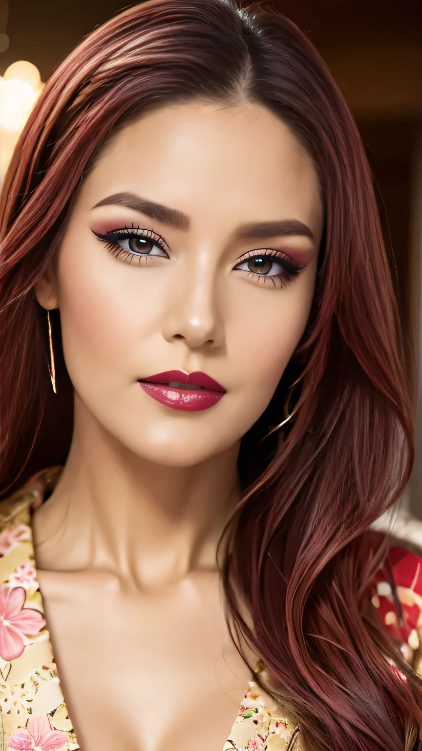 Realistic, Highest quality, 8k, woman, 40-year-old, Sakura pattern kimono, Large Bust, Long Hair, Ultra-detailed skin textures, Soft Lighting, Fairy, Bokeh, Coral Lipstick, Sensual Lipstick, Sensational Make up, smile 