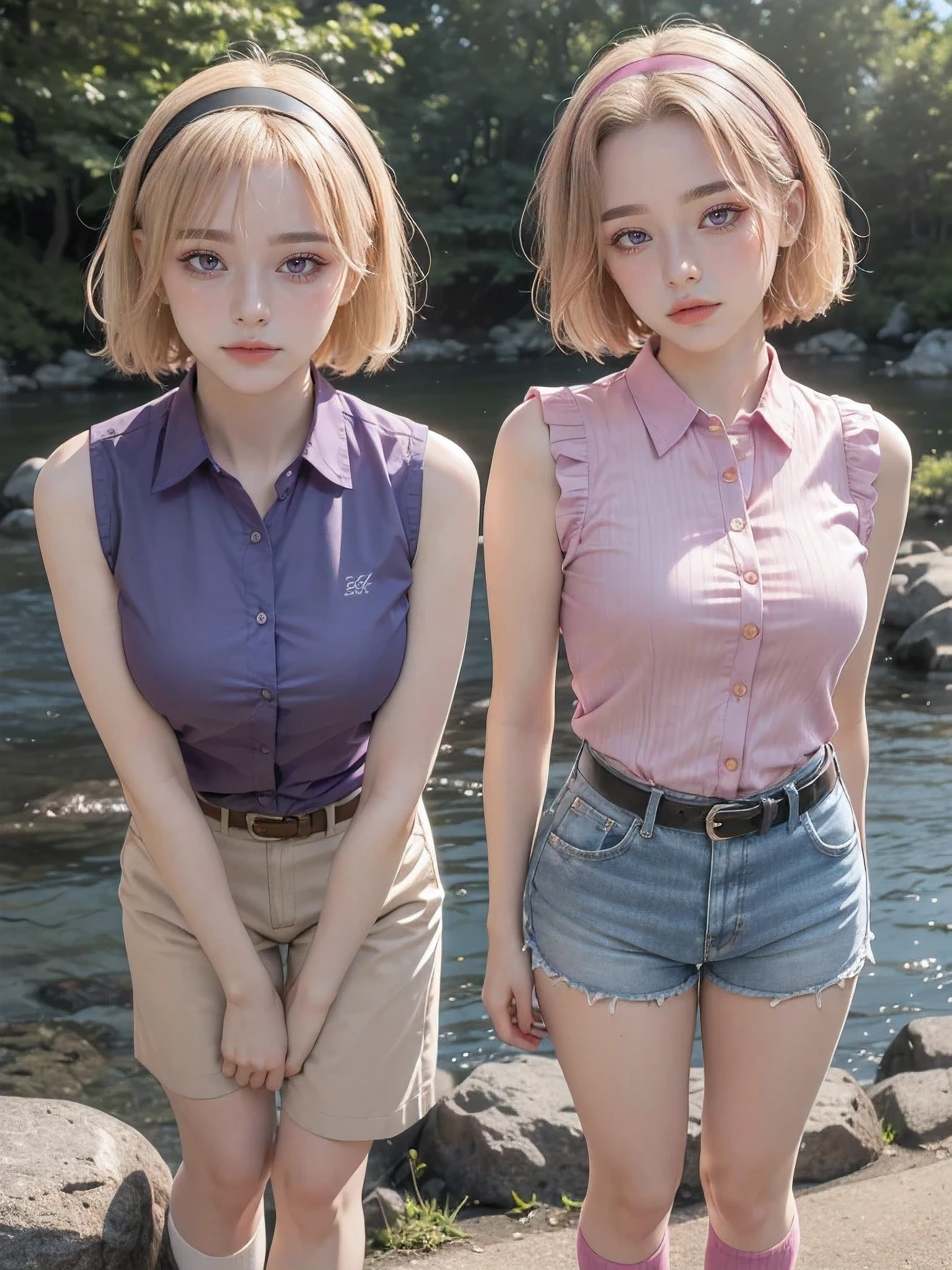 1 woman, mature woman, solo, NOT DASHA TARAN, full body standing, perfect body, best quality, 32k, photograph, full body (head to toe), tone mapping, ((houjou satoko,short hair,black hairband,blonde hair,violet eyes,hair between eyes,collared shirt,sleeveless shirt,pink shirt,shirt tucked in,mid sized breasts,belt,short shorts,blue shorts,white socks,pink footwear, athletic, big woman)), asian-european, ((golden blonde hair, short hair, purple eyes)) perfectly drawn hands, ((masterpiece)), ((highres)), ((detailed background)), japanese village background, next to a river, (big proportions), cute pose, smiling, ((perfect eyes, detailed eyes, realistic eyes)), ((sharp face, detailed face, realistic face, natural skin, realistic skin, detailed skin, pores)),