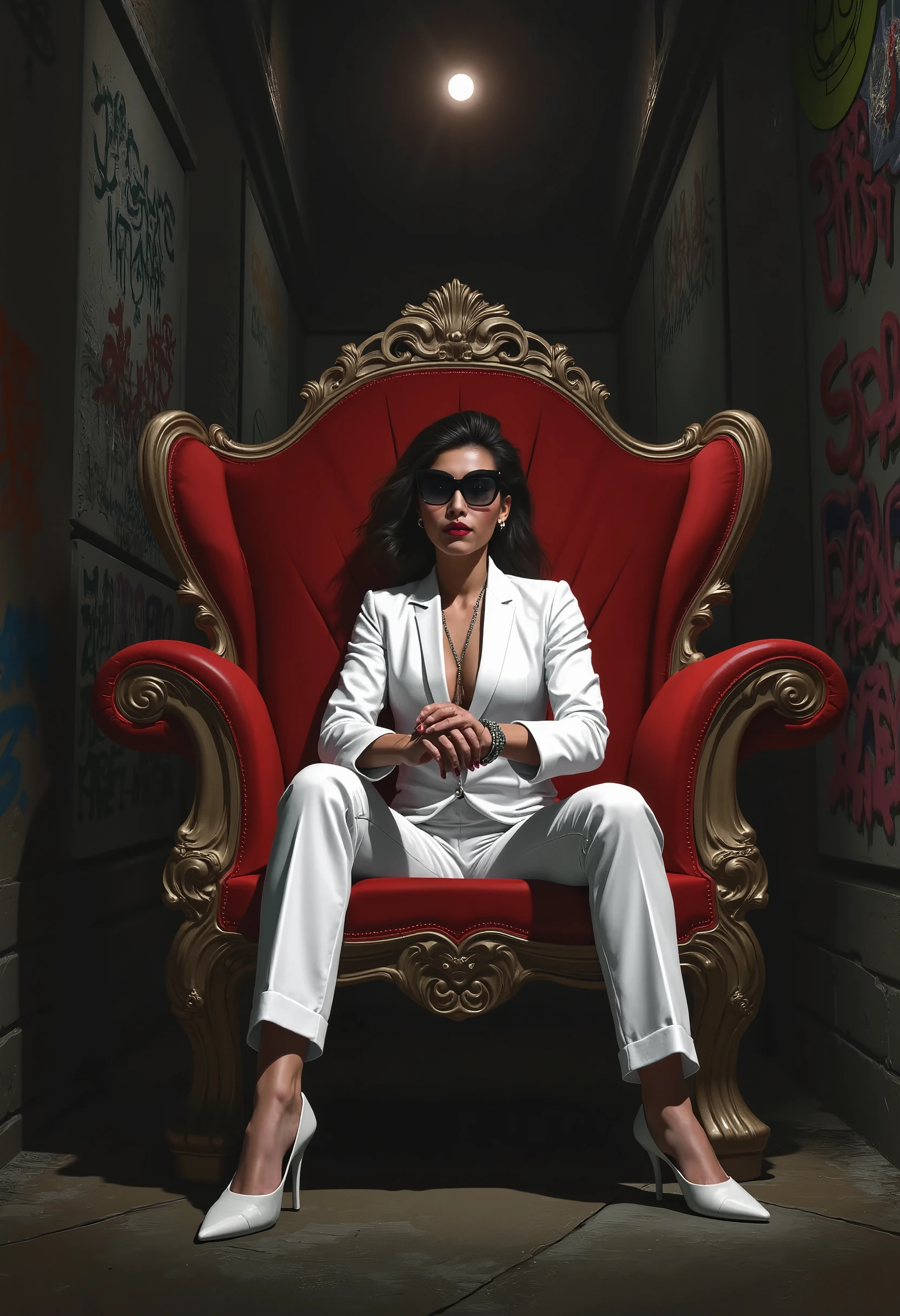 brush_art, A powerful beautiful Italian Mafia boss sitting in intricate red sofa, wearing white suit, black sunglass, in a dimly lit, neon-lit alleyway. Framed by bold shadows and vibrant graffiti, she exudes confidence with her wide stance and strong pose. Her striking features, including piercing eyes and sharp jawline, are illuminated by a single spotlight, casting an otherworldly glow.