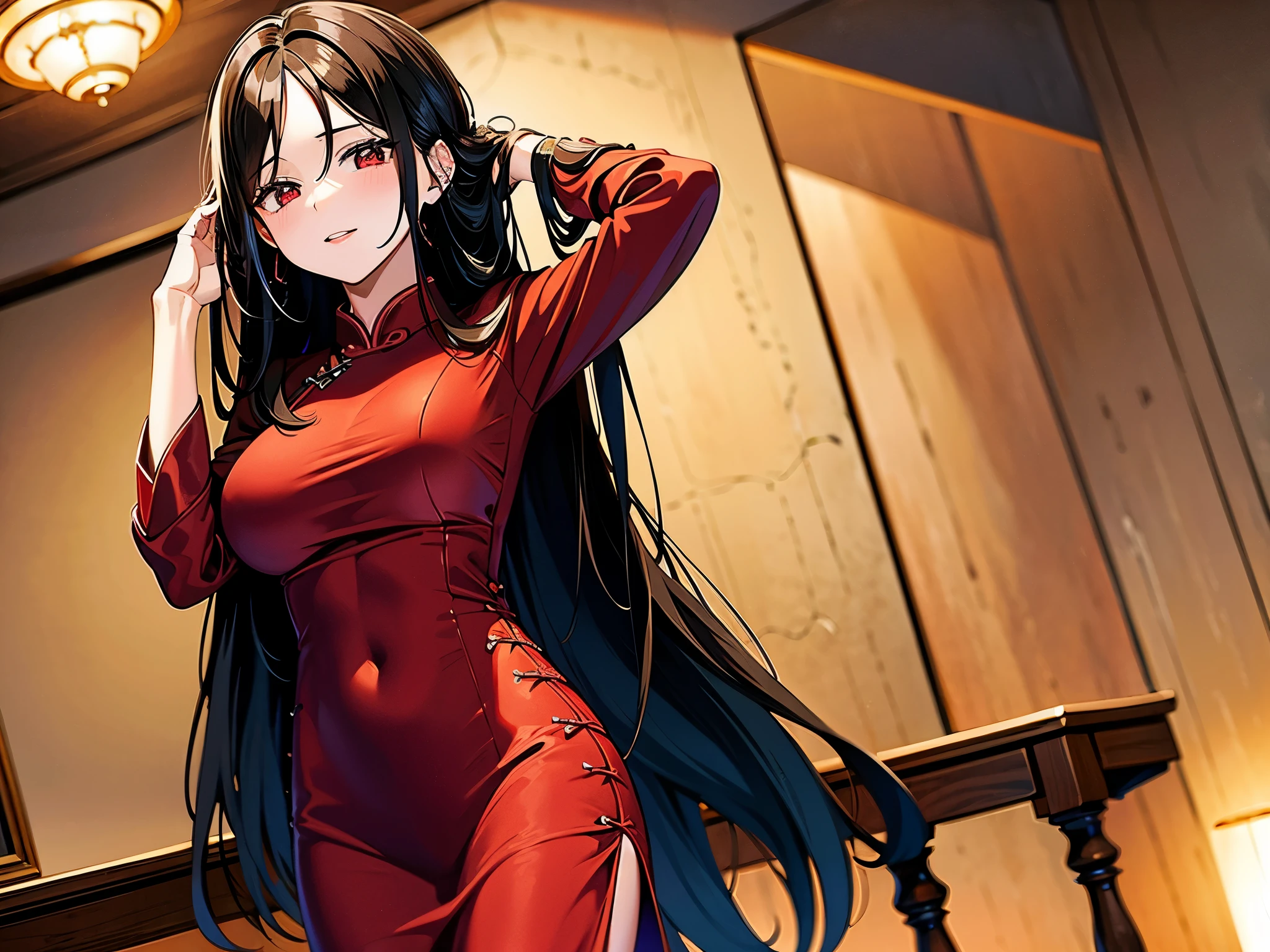 ((Best Quality)), ((masterpiece)), 1girl,Alone,black hair,absurdly long hair,straight hair,tall,slender,huge breasts,red eyes,we have,black china_dress,looking at viewer,hand in own hair,from below,cowboy shot,cityscape,at night,wo anime-style,extremely detailed CG,Very detailed,a masterpiece portrait of a woman with ultra detailed features, in 8K resolution, with crisp quality and vibrant colors,((Best Quality)), ((masterpiece))