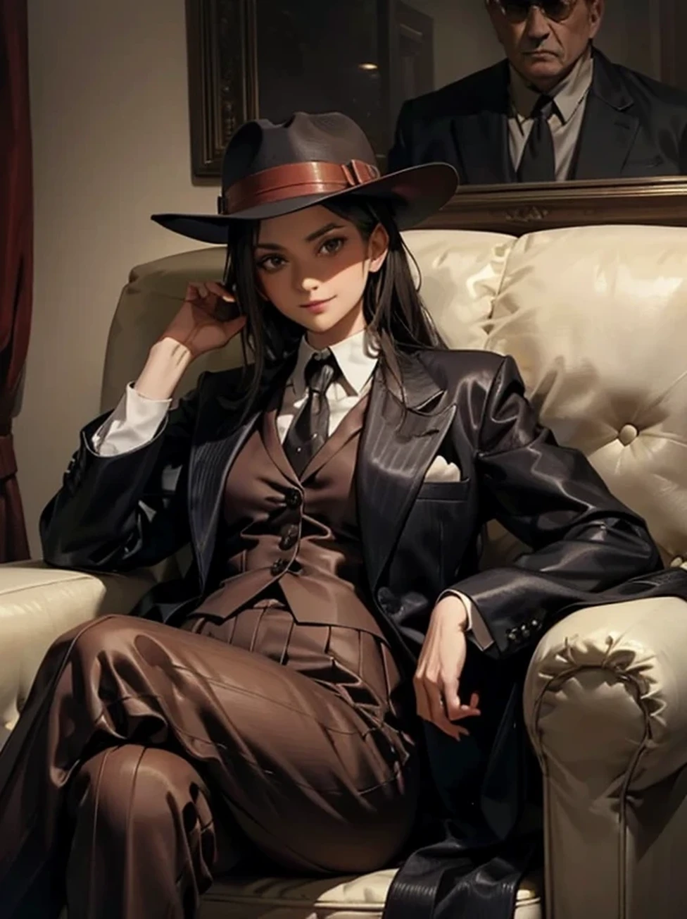 1 girl, 12 yo, Mafia Boss, A young girl pretending to be the Godfather mafia boss sitting on a brown sofa. wearing Baggy Suit, Fedora hat, stole. Mafia Style Cosplay, Mafia Style. Fearless Smile. 