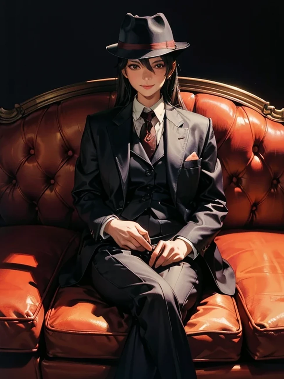 1 girl, 12 yo, Mafia Boss, A young girl pretending to be the Godfather mafia boss sitting on a brown sofa. wearing Baggy Suit, Fedora hat, stole. Mafia Style Cosplay, Mafia Style. Fearless Smile. 