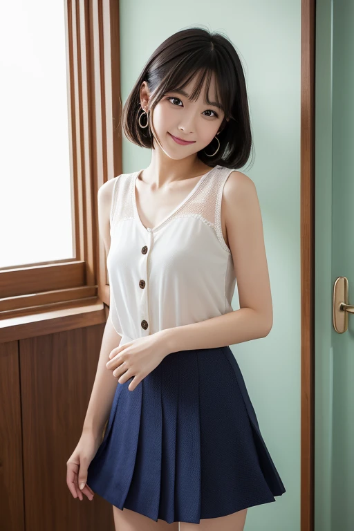 (Highest image quality, highest surreal quality, highest resolution, perfect anatomy, masterpiece, highest detailed, real photos), ((Beautiful and cute japanese woman, Japanese idol faces, 16 years old)), smile, (full breasts), break, ((random hairstyle:1.2)), break, (wearing blouse & miniskirt, (Flirtingly lifting her skirt to show her panties:1.5))