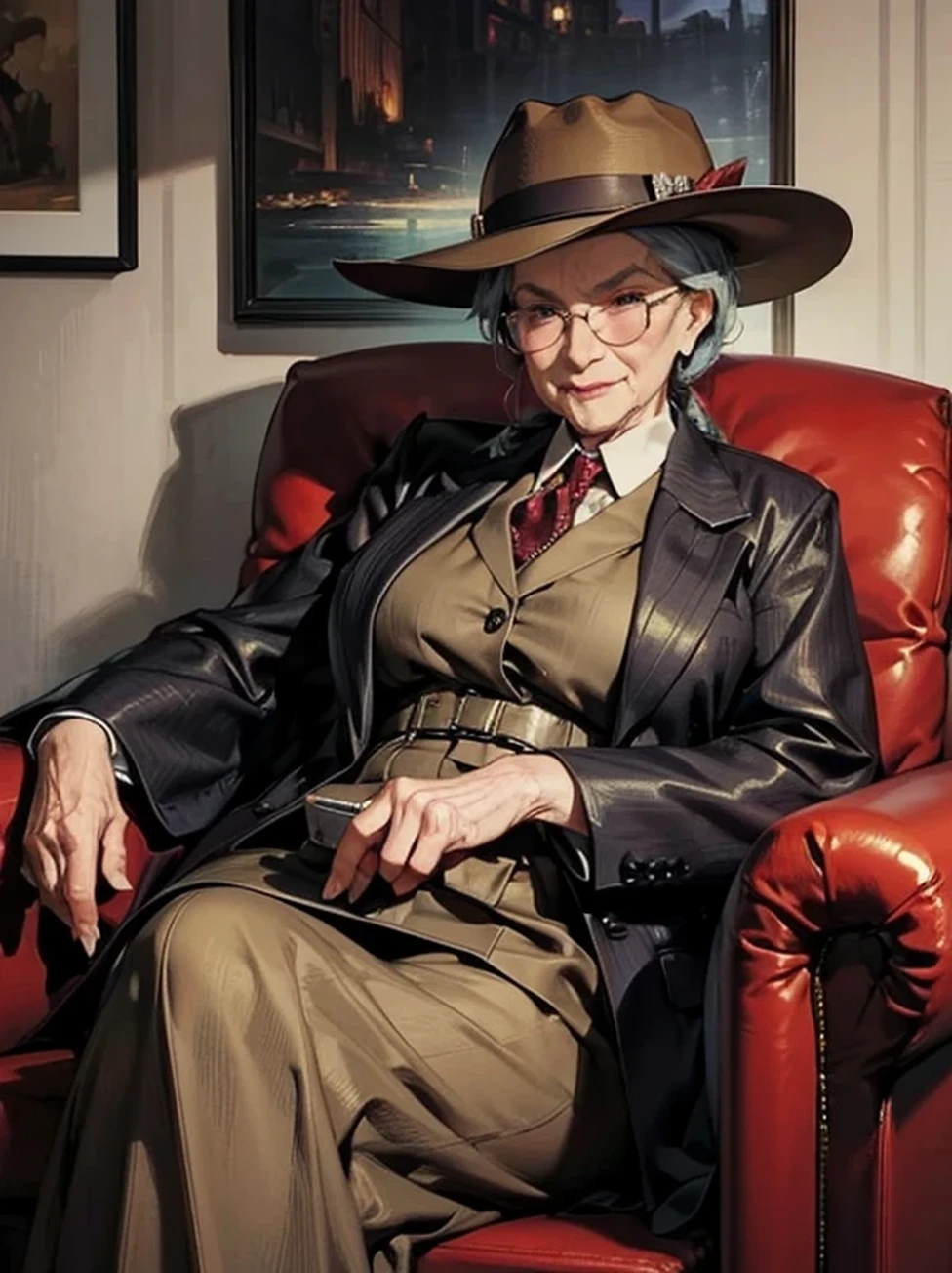 1 granny, 92 yo, Mafia Boss, A Old Granny pretending to be the Godmather mafia boss sitting on a brown sofa. wearing Baggy Suit, Fedora hat, stole. Mafia Style Cosplay, Mafia Style. Fearless Smile. ((masterpiece)), (best Quality), extremely detailed.