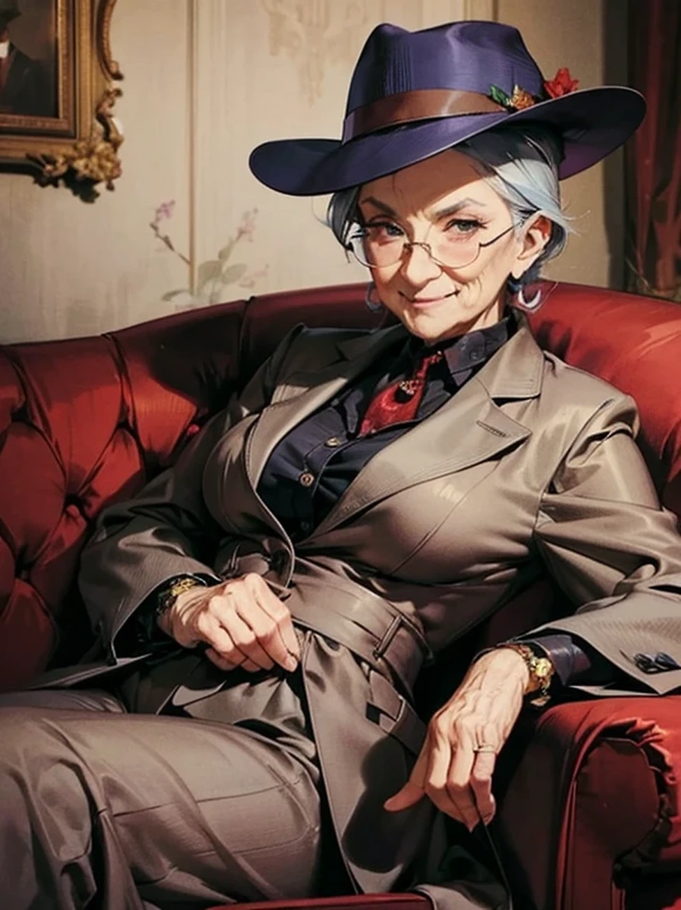 1 granny, 92 yo, Mafia Boss, A Old Granny pretending to be the Godmather mafia boss sitting on a brown sofa. wearing Baggy Suit, Fedora hat, stole. Mafia Style Cosplay, Mafia Style. Fearless Smile. ((masterpiece)), (best Quality), extremely detailed.