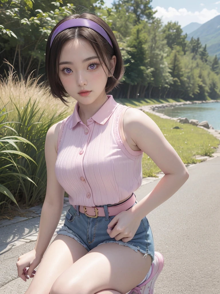 1 woman, mature woman, solo, european-japanese woman, full body standing, perfect body, best quality, 32k, photograph, full body (head to toe), tone mapping, ((houjou satoko,short hair,black hairband,blonde hair,violet eyes,hair between eyes,collared shirt,sleeveless shirt,pink shirt,shirt tucked in,mid sized breasts,belt,short shorts,blue shorts,white socks,pink footwear, athletic, big woman)), asian-european, ((golden blonde hair, short hair, purple eyes)) perfectly drawn hands, ((masterpiece)), ((highres)), ((detailed background)), japanese village background, next to a river, (big proportions), cute pose, smiling, ((perfect eyes, detailed eyes, realistic eyes)), ((sharp face, detailed face, realistic face, natural skin, realistic skin, detailed skin, pores)), 