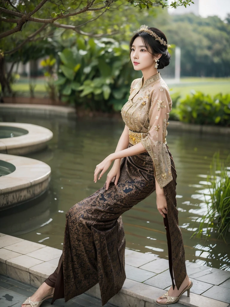 1girl, 175cm,korean model, golden Chinese headress, very wet skin, facial expression, 2, soft body, black hair, wavy hair,whole body, hair reaches waist, whole body,((head to leg)), black bracelets, black chain,((wearing brown Kebaya)), floral pattern long skirt, large earrings,close-up, 8k, RAW photo, best quality, masterpiece,realistic, elegant standing pose, photo-realistic,seductive,cute,royal palace background, rchelcia, looking into viewer