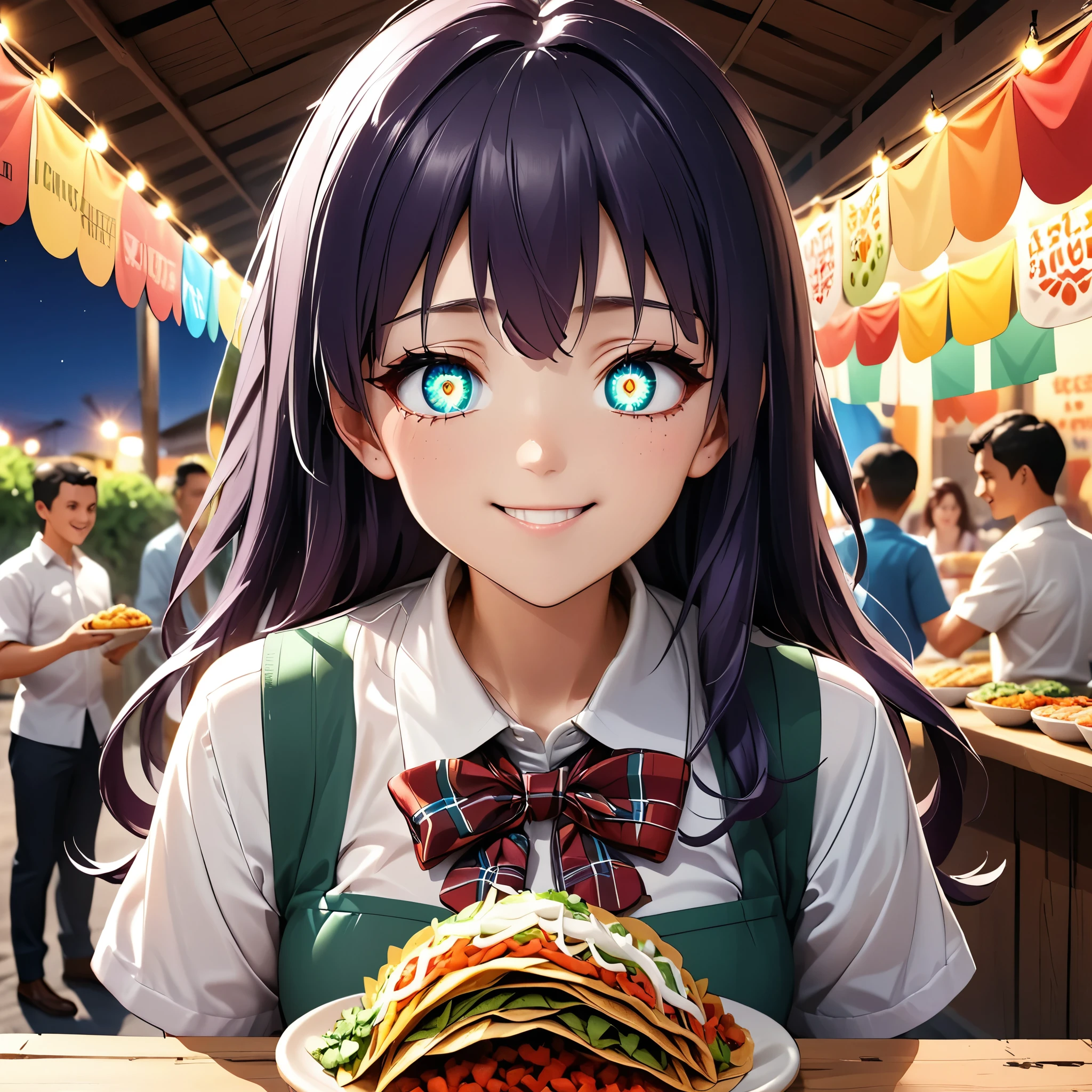 masterpiece, super intricate ANIME TYPE, best quality, expressive eyes, 1girl, perfect face, purple hair, long hair, misato katsuragi, full body, hyperdetailed clothing, looking at you, beautiful detailed eyes, extremely detailed CG unity 8k wallpaper best shadow, an extremely delicate and beautiful, big sparkling eyes, moe, cinematic lighting, volumetric photo illustration, 64k resolution, high res, intricately detailed complex key visual, creates a vibrant scene in a busy street market in Mexico. In the center of the image, a young, smiling girl with long hair and a colorful blouse stands behind a taco stand. The stall is decorated with bunting and bright lights. She's serving tacos in freshly made tortillas, with a variety of fresh ingredients around them: carne asada, cilantro, onion, and colorful sauces. The aroma of tacos wafts through the air, drawing in customers. In the background, you can see people enjoying their food, laughing and talking. Capture the energy, colors and joy of this culinary experience.