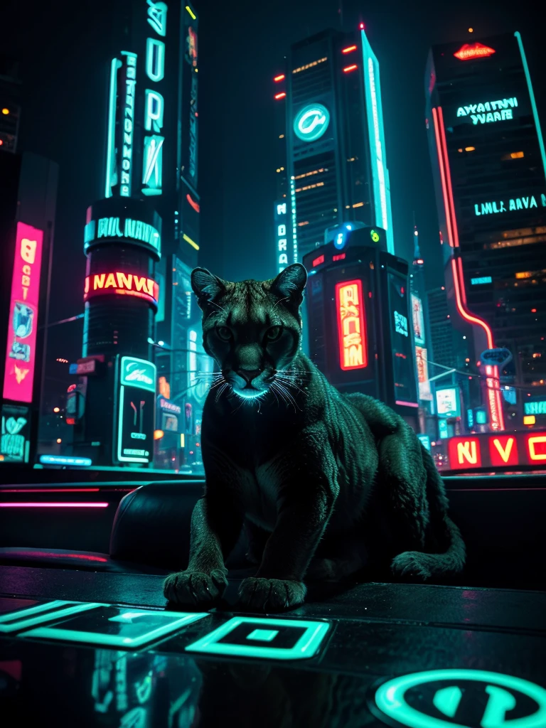 A close-up picture of a cougar in the futuristic cyberpunk neon tron world, cyberpunk city landscape, detailed intricate architecture, glowing neon lights, dramatic lighting, moody atmosphere, cinematic composition, vibrant colors, 8k, photorealistic, masterpiece, hyper detailed, intricate details