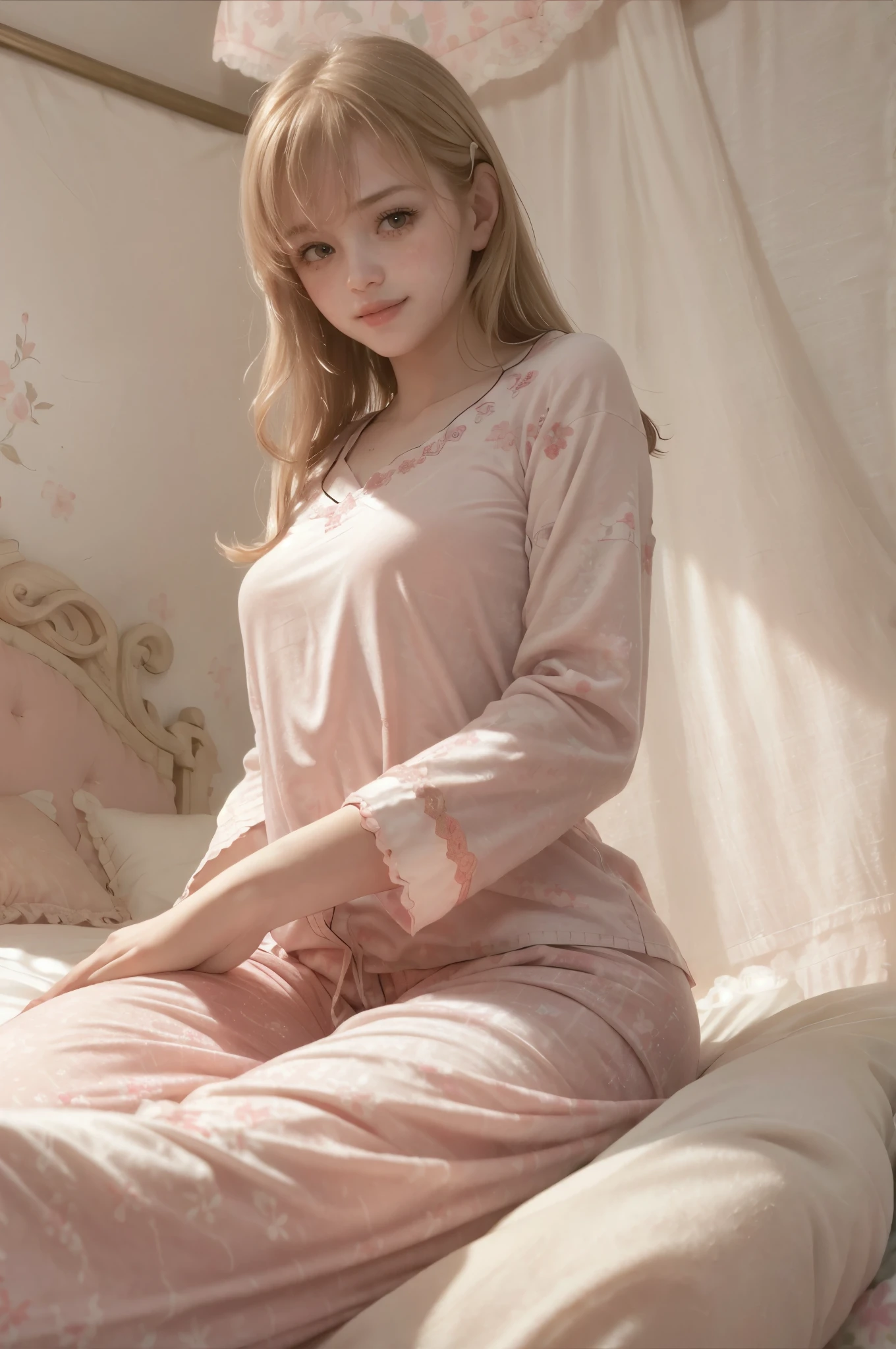 photo of mariya with long blonde hair, bang(petite:1.0), wearing (red pajamas:1.3), on bed in a cute girly bedroom adorned with pastel hues and playful decor. The walls are painted in soft pinks or lavender, with a delicate floral or heart-patterned wallpaper as an accent. A canopy bed with sheer, flowy curtains creates a dreamy atmosphere. Plush stuffed animals and fluffy throw pillows in various shades of pink adorn the bed,
realistic, photorealistic,
High quality, RAW photograph, detailed background, intricate, highly detailed, sharp focus, high resolution, 8k, uhd, dslr, realistic eyes, perfect eyes,