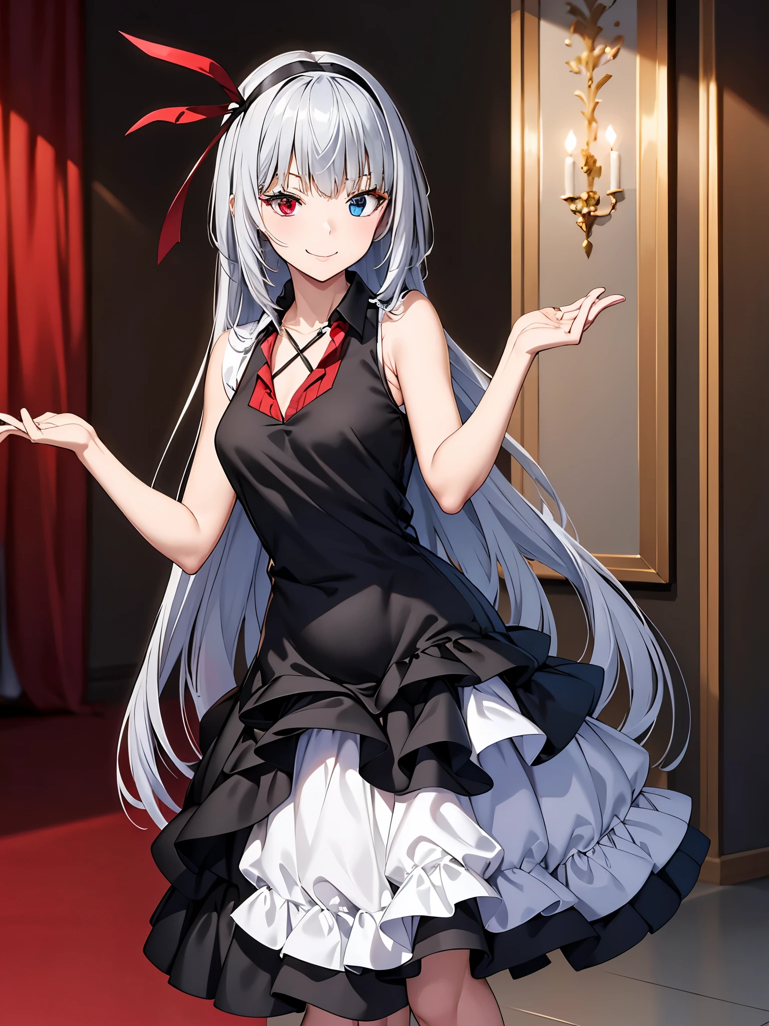 Sleeveless,Armpit Show,super high quality、indoor、(masterpiece)、Valentine、standing、Mouth closed、smile、Luminous Valentine、Silver Hair、Waist-length hair, (blue eyes:1.2), Heterochromia, (Red eyes:1.3),Black Dress、Black Ribbon、grassland、Black Dress、Place your hands on your chest