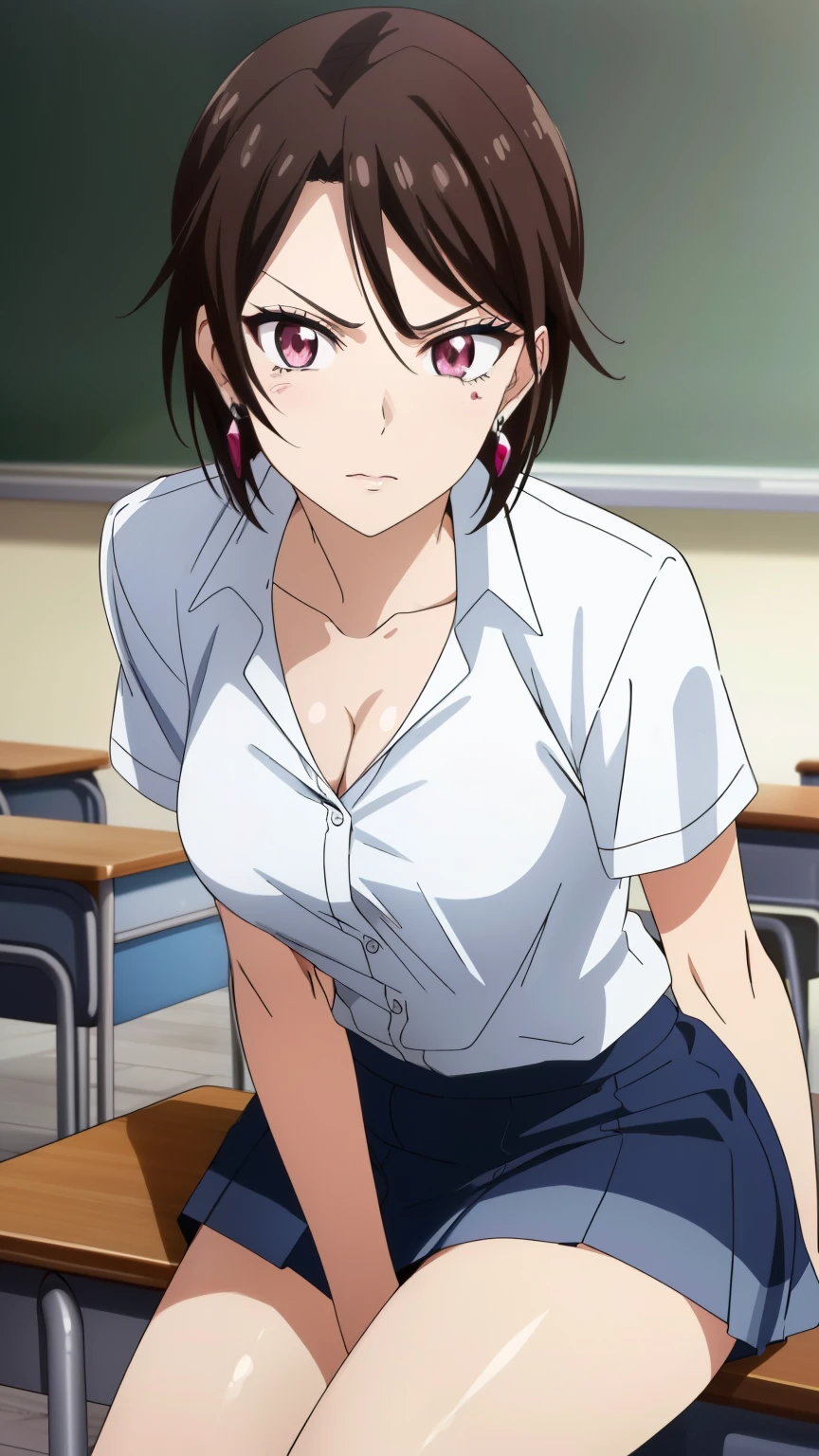 (highest quality, masterpiece, 8k:1.2), anime art style, ultra-high resolution, hyper detail, one girl, 30 years, adult woman, (mature face:1.8), brown hair, medium hair, makeup, false eyelashes, earrings, (sharp eyes), pink eyes, (medium breasts), (sexy pose), dynamic angle, staring at the viewer, (school uniform, white shirt, collarbone, checkered miniskirt, thighs, classroom), 