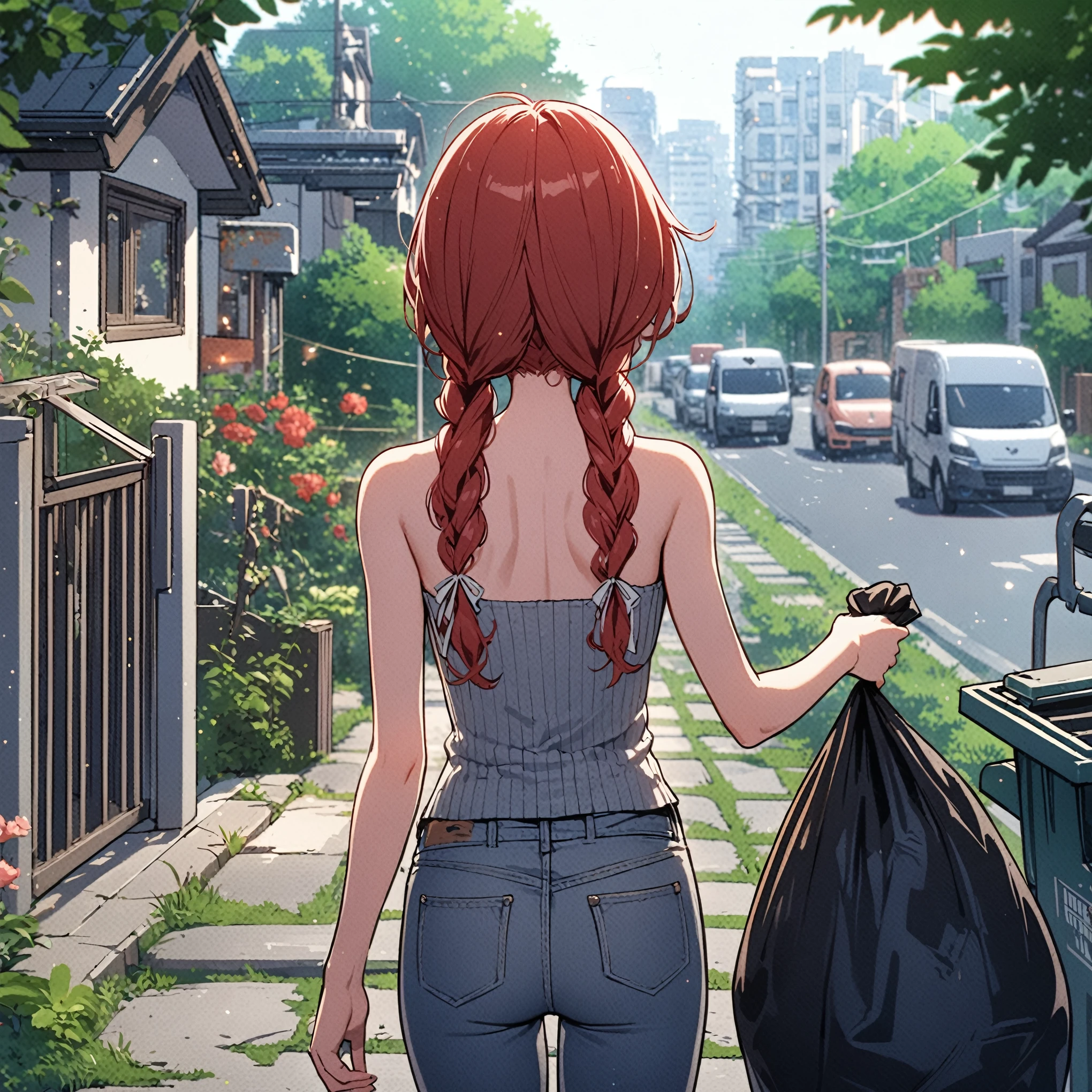 Anime girl with red hair and red hair walking down a street - SeaArt AI