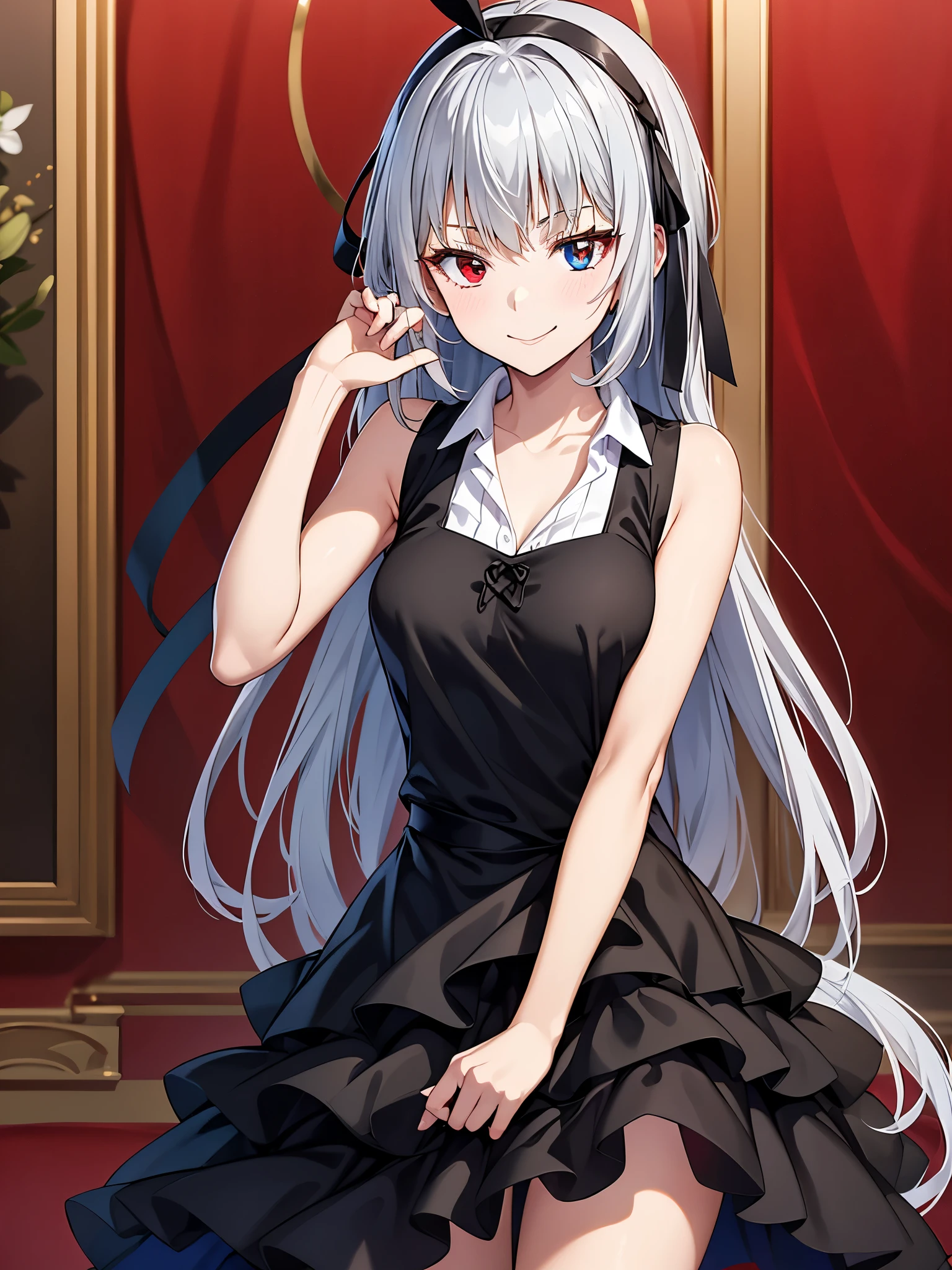 Sleeveless,Armpit Show,super high quality、indoor、(masterpiece)、Valentine、standing、Mouth closed、smile、Luminous Valentine、Silver Hair、Waist-length hair, (blue eyes:1.2), Heterochromia, (Red eyes:1.3),Black Dress、Black Ribbon、grassland、Black Dress、Place your hands on your chest