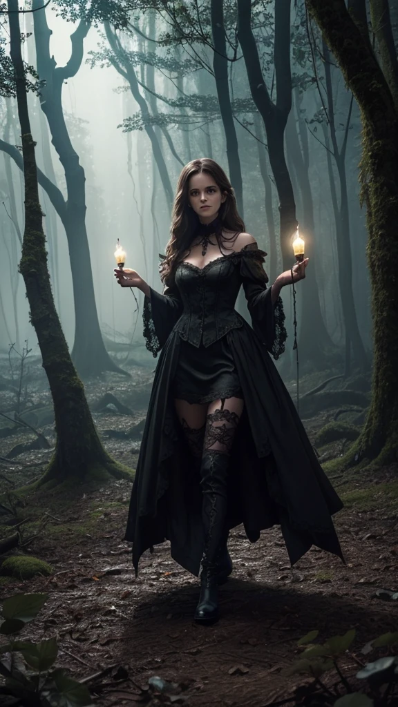 Concept: (Emma Watson) in a gothic fantasy setting, ding dark, mystical elements with elegant fashion.Background:Setting: An ancient, mist-covered forest with towering, twisted trees. In the distance, the silhouette of an abandoned castle looms against a stormy sky, illuminated by intermittent flashes of lightning.Ground Details: The forest floor is covered with dark moss and scattered leaves. Twisted roots snake across the ground, with small, glowing mushrooms emitting a faint, eerie light.Model and Attire:Outfit: The Sexy model wears a flowing, dark velvet gown with intricate lace detailing. The dress features long, bell sleeves and a high collar, adding Victorian elegance. The fabric shimmers subtly in the dim light. They hold a vintage, intricately designed lantern that emits a soft, ghostly light. Dark, fingerless lace gloves and tall, black leather boots complete the look.Pose and Expression:Pose: The model stands amidst twisted roots and glowing mushrooms, holding the lantern aloft. One foot is slightly forward, appearing mid-step, as if moving through the enchanted forest.Expression: The model's face is thoughtful and intense, eyes gazing into the mist as if searching for something, exuding curiosity and determination.Lighting and Effects:Lighting: The primary light source is the soft glow from the lantern, casting long, eerie shadows. Additional light comes from bioluminescent mushrooms and flashes of lightning, creating a dynamic, dramatic effect.Effects: Mist swirls around the model’s feet, adding to the ethereal quality. Occasionally, small ghostly figures or wisps of light flit through the trees, enhancing the mystical ambiance.Mood and Aesthetic:Mood: The overall vibe is dark, enchanting, and mysterious, capturing the essence of a gothic fairytale. The image evokes a sense of adventure and otherworldly beauty.Aesthetic: The aesthetics blend gothic. Long Straight Hair, Big Breasts.