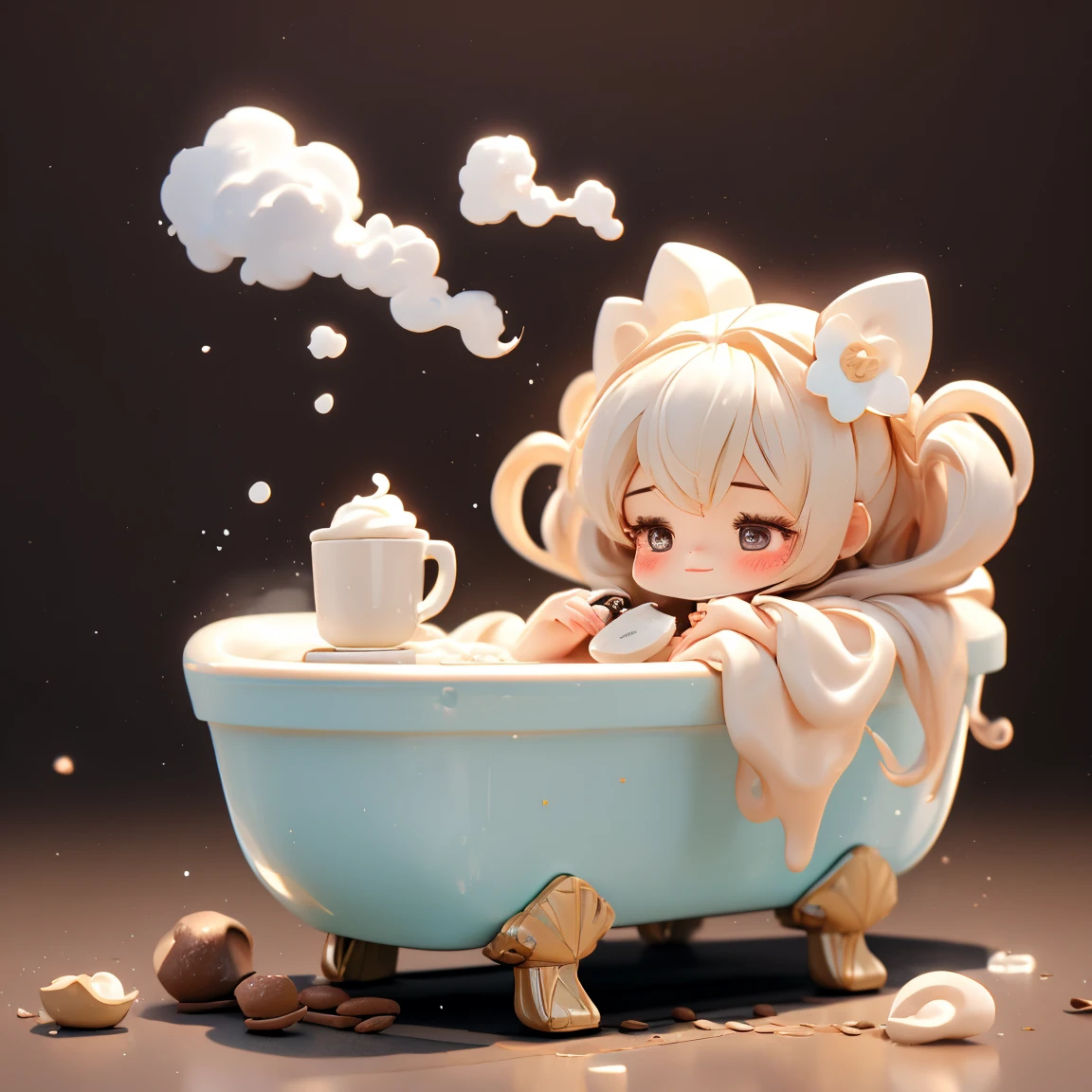 Calculating the minimum deformation, cute, One Girl, In a coffee cup bathtub, Pour in warm milk, Relaxing like a bath, steam, Break realistic coffee shop background, Rough,A girl soaking in a latte art bath,Drinking coffee