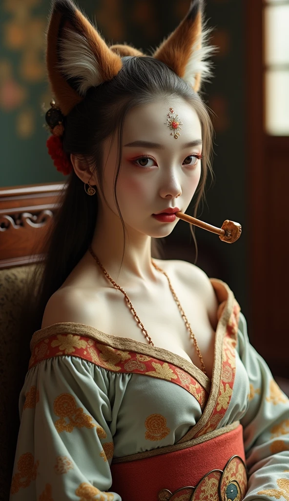 （masterpiece:1.3),(best quality:1.4),(actual:1a.4）,Antique,antique,in the living room,Antique長椅上,A Japanese nine-tailed fox woman,Eyes with bright eyebrows,long hair shawl,forehead pattern,Big breasts,Off-shoulder,textured skin, Japanese style clothing,high detail, hand pipe,Ultra HD, Lying sideways on a chair,Very detailed, Close-up shot