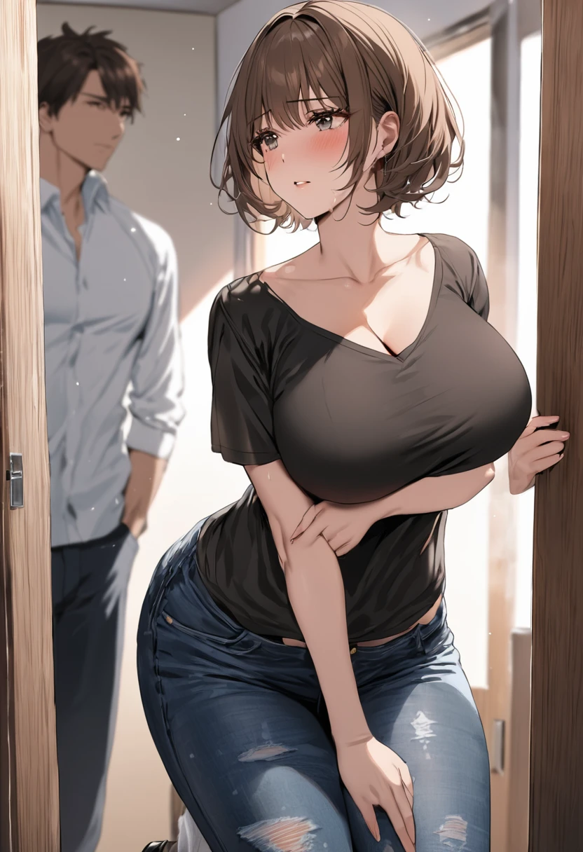 ((Best Quality)), ((masterpiece)), (detailed), (One woman, one man, facing each other), Sexy, height１６８A housewife with black hair and huge breasts, 100cm bust, Mature Woman, (((Brown hair short cut))), Mature Woman, A mother with watery eyes, A tired looking housewife, (Black T-shirt and jeans),Tears flow and I plead desperately, (I knelt down in the entrance of my house crying.、Cling to the man&#39;s arm)