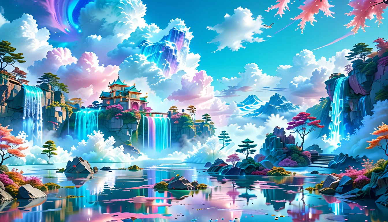 A Masterpiece In 32K Resolution: Supreme Quality, Super Detail, Official Art, Very High-Resolution 32K Wallpaper, Beautiful And Aesthetic, Ultra-Detailed Features, Awe-Inspiring Detail. Visualize A Captivating Realm Steeped In Romantic Dreams, Where Reality Merges With Fantasy. The Landscape Features Intricately Designed Floating Islands, Adorned With Fluffy Clouds And Shimmering Waterfalls That Cascade Gracefully From Their Edges. The Atmosphere Radiates A Vibrant, Surreal Quality, Enveloping Viewers In A Sense Of Wonder And Tranquility. Rich Shades Of Pink Dominate The Scene, Harmoniously Blended With An Array Of Vibrant Jewel Tones, Creating A Mesmerizing Palette. This Anime-Style Illustration Will Boast Soft Lines And Pastel Colors, Infused With A Whimsical Charm. Each Building Is Exquisitely Detailed And Elegant, Reflecting The Ethereal Beauty Of This Dreamlike Realm. The Artwork Should Evoke A Feeling Of Harmony, Offering An Escape From The Mundane World. Incorporate Crystalline Teal Waters, Colorful Watercolor Skies, And Glowing Elements That Illuminate The Landscape. Delve Into A Myriad Of Small Fantasy Details, Such As Iridescent Accents And Expertly Crafted Majestic Vistas, Sprinkled With Shimmer And Glimmer. Above All, This Piece Should Embody The Essence Of Fantasy Art, Inviting Viewers Into A Mesmerizing Escape.