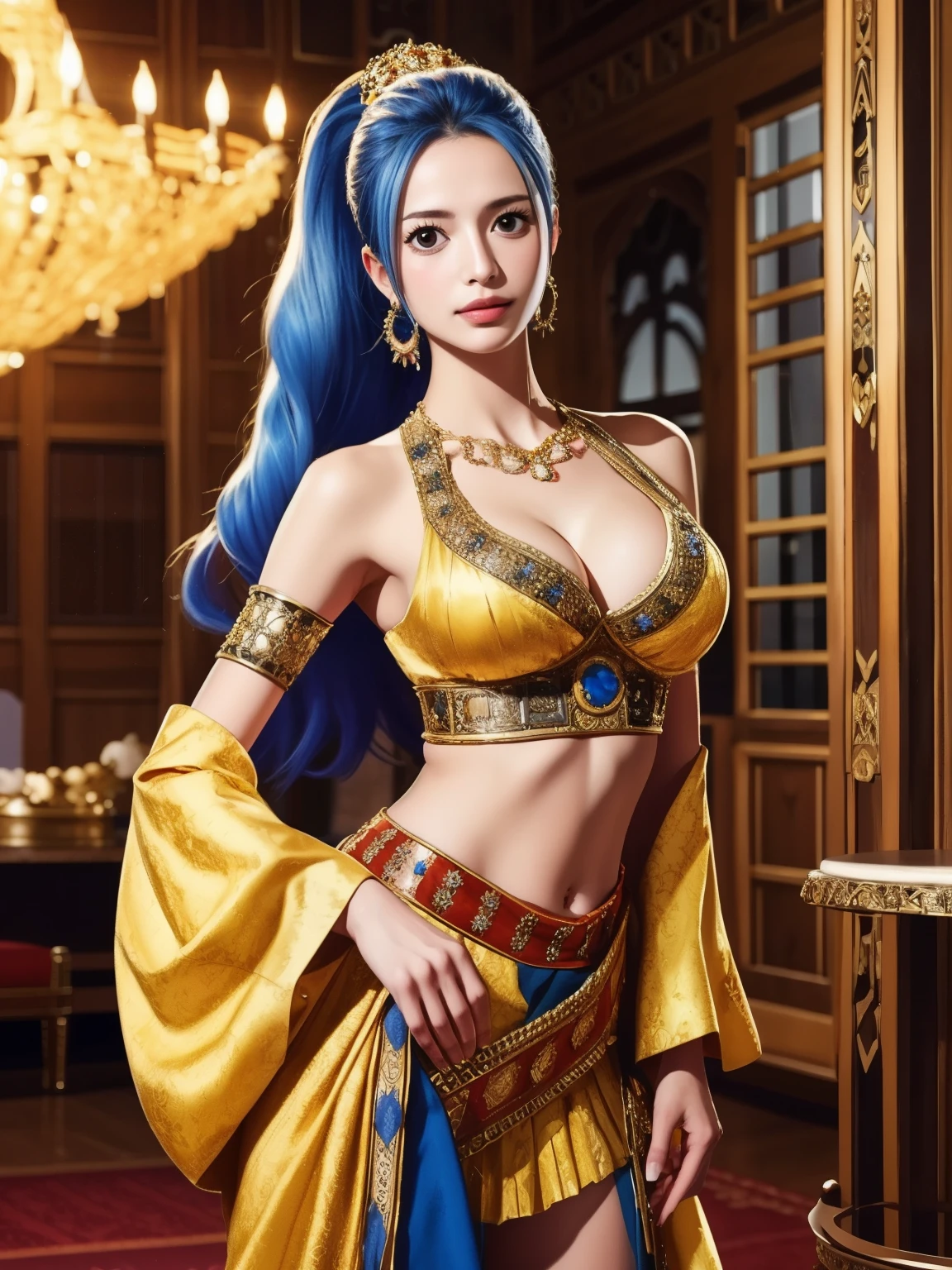 an illustration in the art-style of (wanostyle),One Piece,Eiichiro Oda,Toei Animation,((Masterpiece)),(best quality:1),(highly detailed:1),1girl, NefertariViviV3,blue hair,long hair,ponytail,high ponytail,dark brown eyes,fair skin,detailed eyes,beatiful face, standing pose,cowboy shot,looking to the side, [Paladin_glam armor|Moroccan caftan],shiny armor,armor decorated with jewels, paladin armor, Sultan palace,ornate background,arabian background,oriental palace background,arabian palace room,very detailed background, best quality, masterpiece, hires, original, extremely detailed wallpaper, perfect lighting,(extremely detailed CG:1.2),8k,intricate detail,trending on artstation,digital art, detailed,8k,