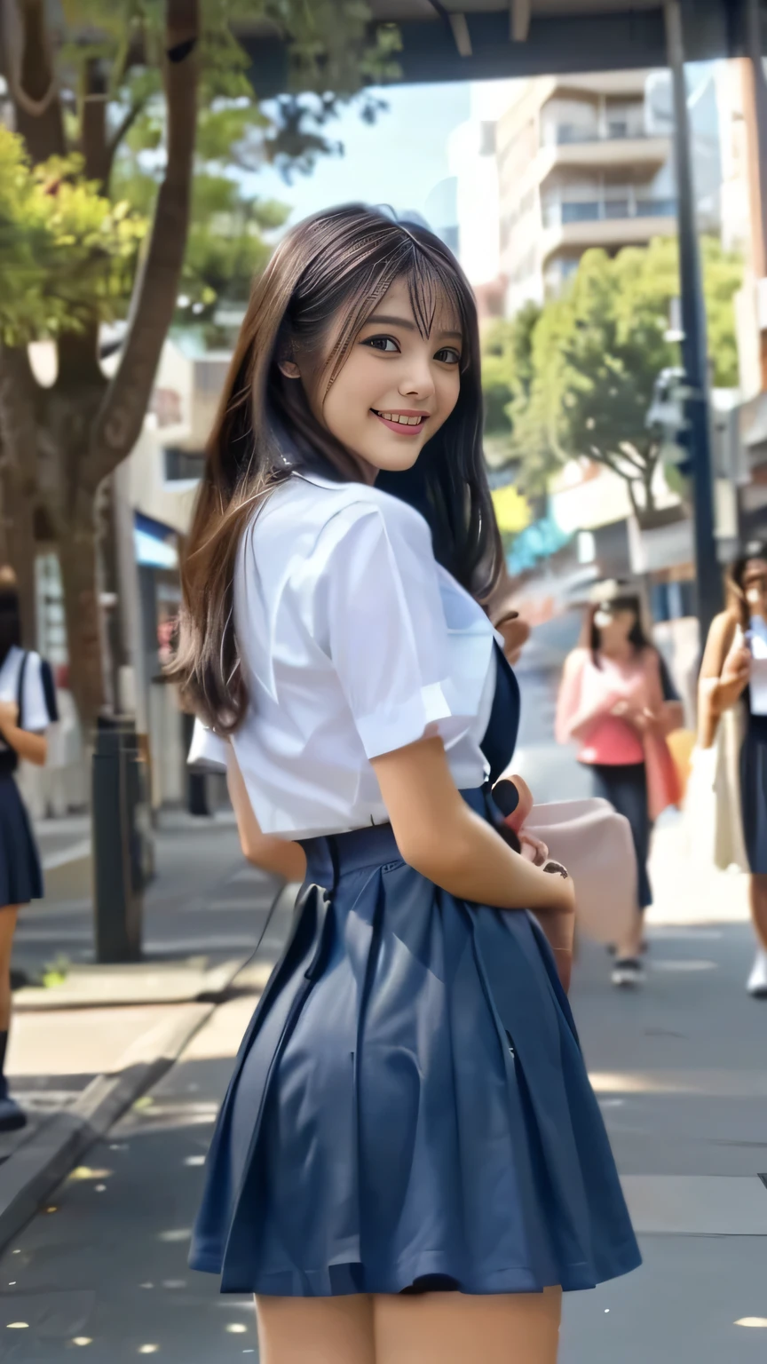 ((Best Quality、8k、masterpiece:1.3)), Upper Body, Long legs, Sharp focus:1.2, Beautiful woman with a perfect figure:1.4, ((Beautiful woman))、((Australian/Japanese mix))、Thin but muscular、Slim Abs:1.1,, (((Big Breasts))), (((big ass)))、((High school girl))., ((Dark blue mini skirt))、((Cute high school girl uniform))、((smile))、((Stylish uniforms))、Enchanting , Wearing a gold necklace、Slim and toned waist, Face the audience:1.2), ((Stylish nails))、Super long brown hair、Highly detailed face and skin texture, fine grain, double eyelid、sexy、((((front))))、((Town))、((Downtown)、(())、