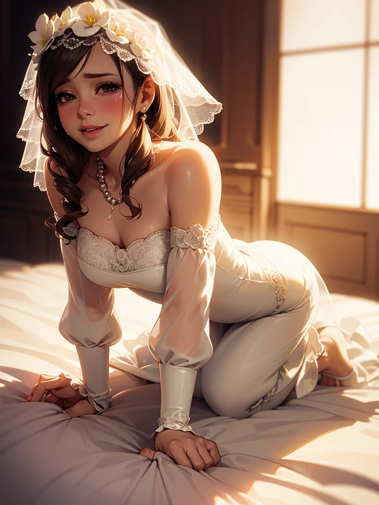 (bright lighting,romantic setting),bride captured, dreamy background,bondage,dark hair, mesmerizing gaze, , soft skin, alluring beauty, artistic portrait, high-quality image, vibrant colors, long silk gown, in the bed,tape bondage,tape gag, mosquito net, bridal,pov