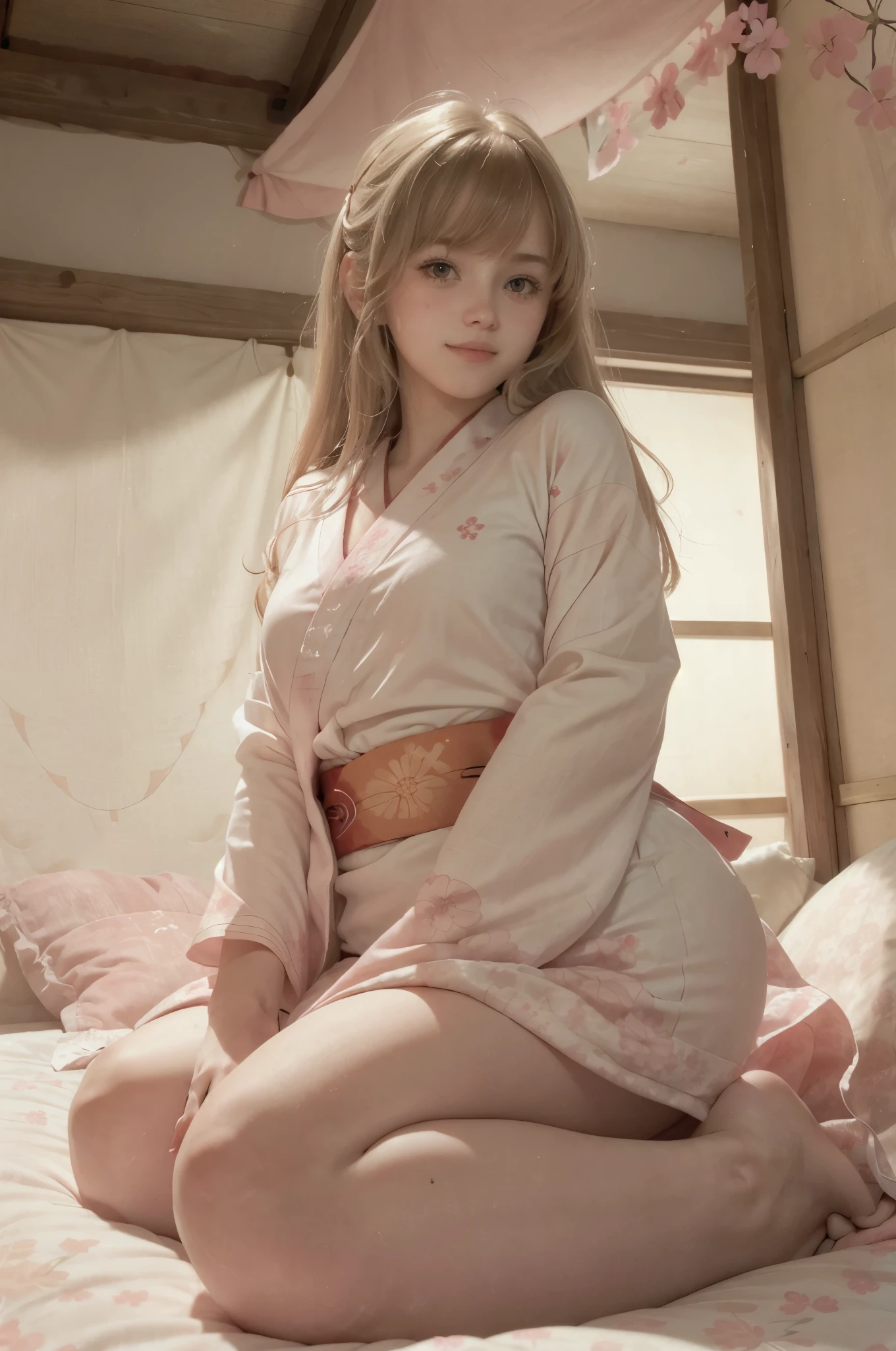 photo of mariya with long blonde hair, bang, NSFW, (petite:1.4), wearing (silver japanese kimono:1.3),  on bed in a cute girly bedroom adorned with pastel hues and playful decor. The walls are painted in soft pinks or lavender, with a delicate floral or heart-patterned wallpaper as an accent. A canopy bed with sheer, flowy curtains creates a dreamy atmosphere. Plush stuffed animals and fluffy throw pillows in various shades of pink adorn the bed,
realistic, photorealistic,
High quality, RAW photograph, detailed background, intricate, highly detailed, sharp focus, high resolution, 8k, uhd, dslr, realistic eyes, perfect eyes,