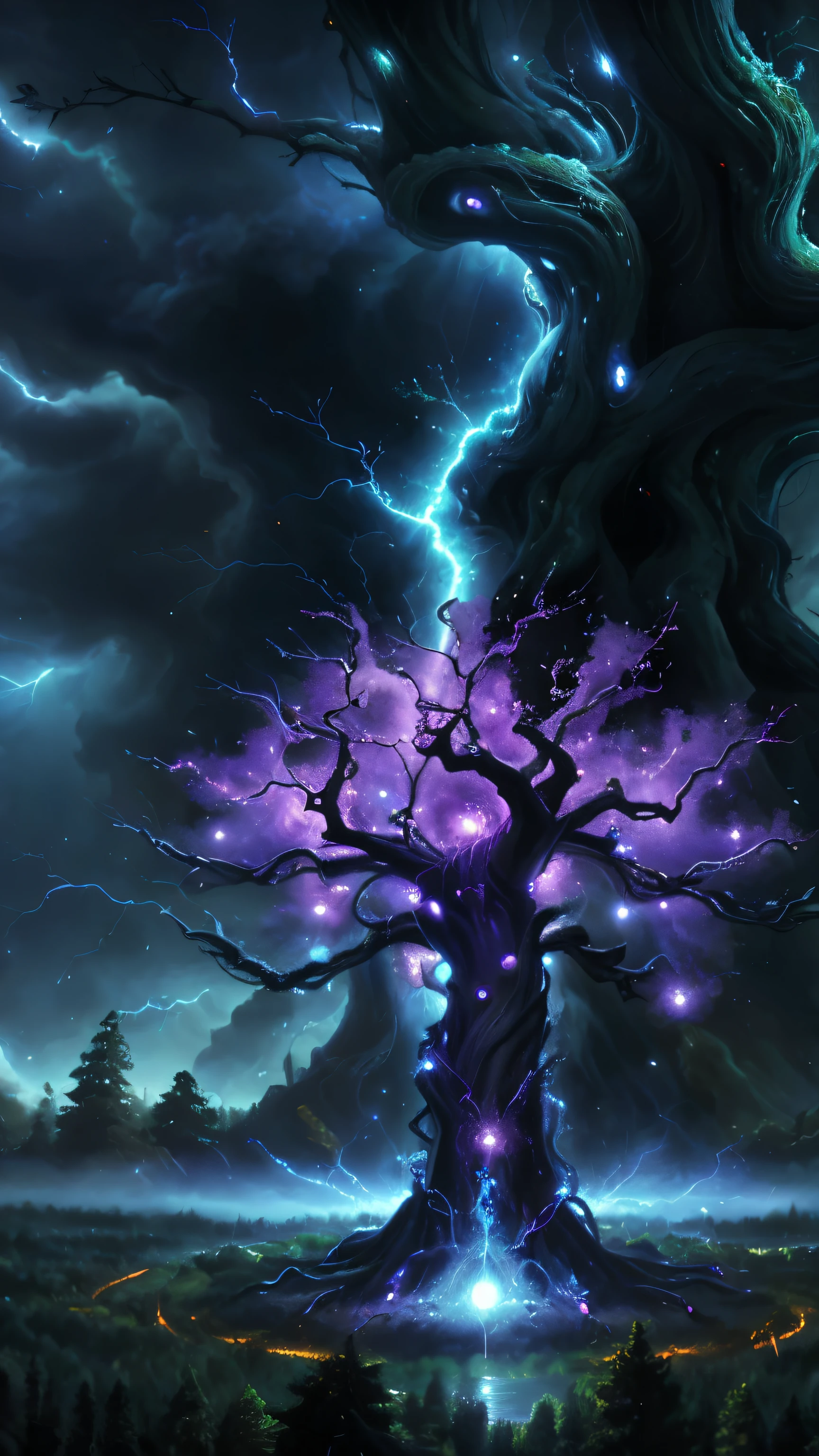 voidparadigm tree, storm theme, forest background, 