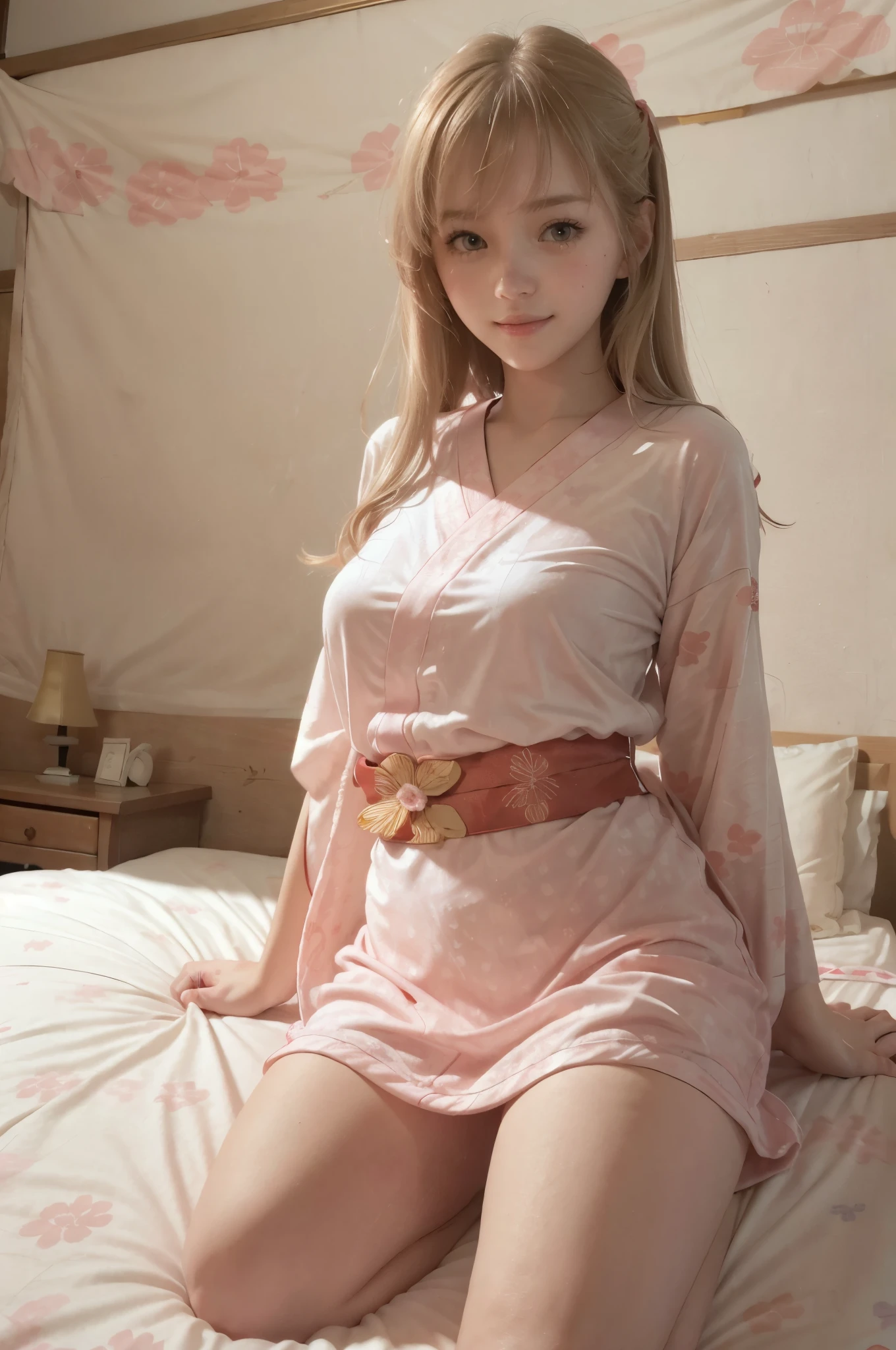 photo of mariya with long blonde hair, bang, (petite:1.0), wearing (red japanese kimono:1.3),  on bed in a cute girly bedroom adorned with pastel hues and playful decor. The walls are painted in soft pinks or lavender, with a delicate floral or heart-patterned wallpaper as an accent. A canopy bed with sheer, flowy curtains creates a dreamy atmosphere. Plush stuffed animals and fluffy throw pillows in various shades of pink adorn the bed,
realistic, photorealistic,
High quality, RAW photograph, detailed background, intricate, highly detailed, sharp focus, high resolution, 8k, uhd, dslr, realistic eyes, perfect eyes,