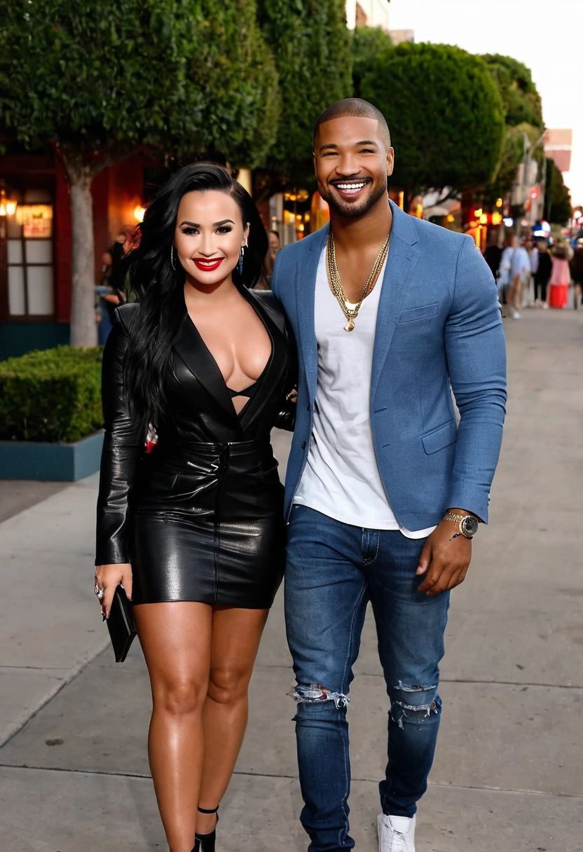Dua Lipa and a handsome African American male whose facial features are a combo of Jason Derulo + Christian Keyes + Lucien Laviscount enjoy an evening stroll. Both are smiling. Both are dressed attractively for a night on the town. Dua wears a sparkly gold dress under a cropped black leather jacket. Dua has lovely makeup on her face. Nighttime. Romantic ambiance. Symmetrical eyes. Symmetrical faces. Lovely details. Photorealistic. Full-colored photo. Professional photo. Highly detailed 8K.