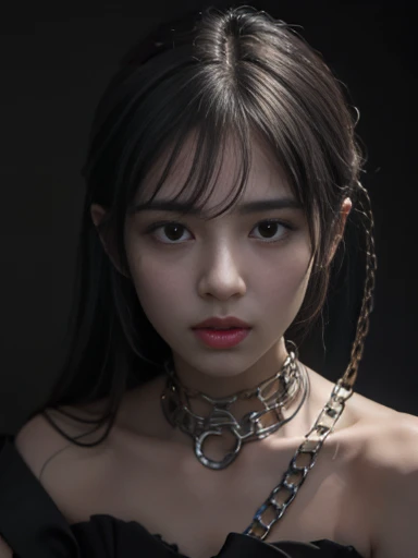 Skinny Girl, With chains around my feet, so beautiful, Dynamic pose, 1 girl, Detailed face, fine grain, Detailed lips, Detailed faceの特徴, Complex chain, Metal Chain, Intricate details, Sulky, Chiaroscuro, High Contrast, Digital Art, Concept Art, 8k, Please redeem, masterpiece, There are many chains on my feet