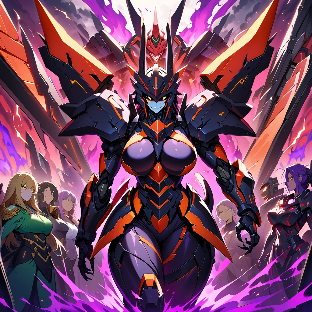 Anime, high detailed, multiple womans, mature womans, black ebony mecha armor, large mechanical wings, evil grin, large clawed Gauntlet, red skin, curvy body, long mechanical tail,black sclera、Colored sclera、crimson Colored skin、Yellow Eyes, elongated pupils,  Mature Woman、Black-purple aura、womans surrounding