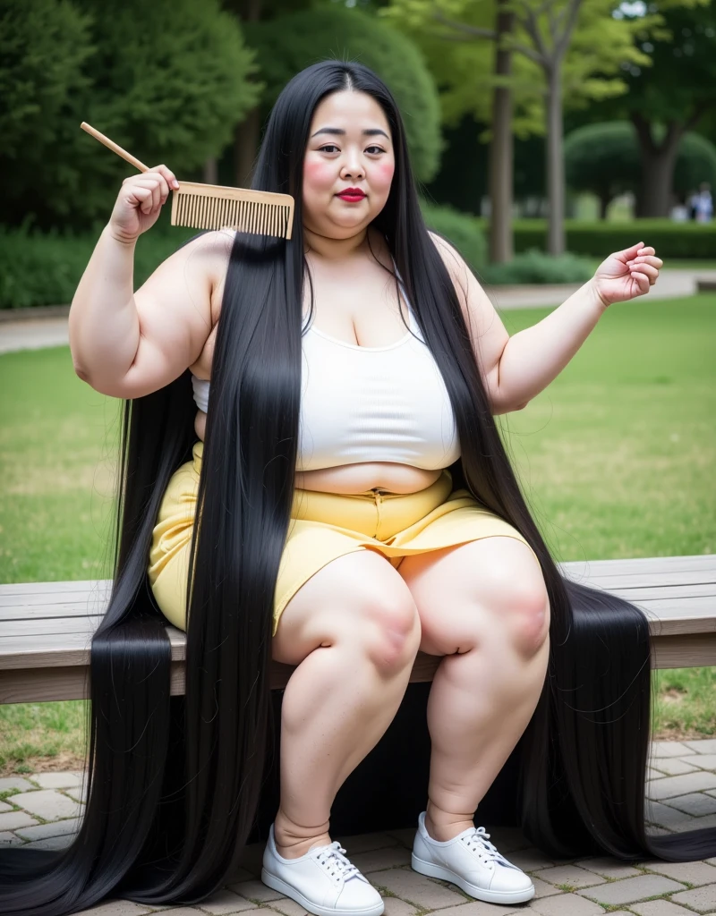 8k,Highest quality, masterpiece, Ultra-high resolution,(masterpiece:1.6, Highest quality), Intricate details, Middle-aged woman in her 50s,Japanese, alone, full body, ((Absurdly Long hair:1.5)),top of head,(jet Black Hair), (forehead:1.5), (Extremely obese:1.3), (Fat face:1.3), (round face:1.2), (Saggy face:1.3), crow's feet wrinkies, (saggy body), ((Super huge breasts:1.8)), ((super Saggy breasts:1.8)), ((cleavage:1.6)), ((big nipples, super huge areola:1.8)),((Abnormally long, beautiful black hair that reaches down to her heels:1.5)), ((Her excessively long black hair reaches the ground:1.5)), ((pale skin, shiny skin,Smiling happily,heavy makeup, pink cheek, red lips, thick lips:1.1)),((White sleeveless, Yellow mini skirt,White Shoes:1.3)),((A mature woman is combing her incredibly long, lustrous black hair:1.5)),((garden,bench,Wooden comb,giant hair clip:1.2))