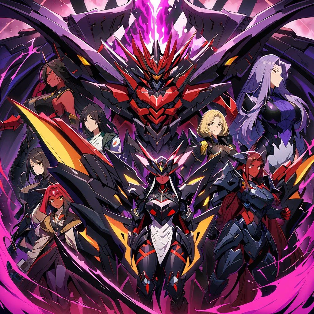 Anime, high detailed, multiple womans, mature womans, black ebony mecha armor, large mechanical wings, evil grin, large clawed Gauntlet, red skin, curvy body, long mechanical tail,black sclera、Colored sclera、crimson Colored skin、Yellow Eyes, elongated pupils,  Mature Woman、Black-purple aura、womans surrounding