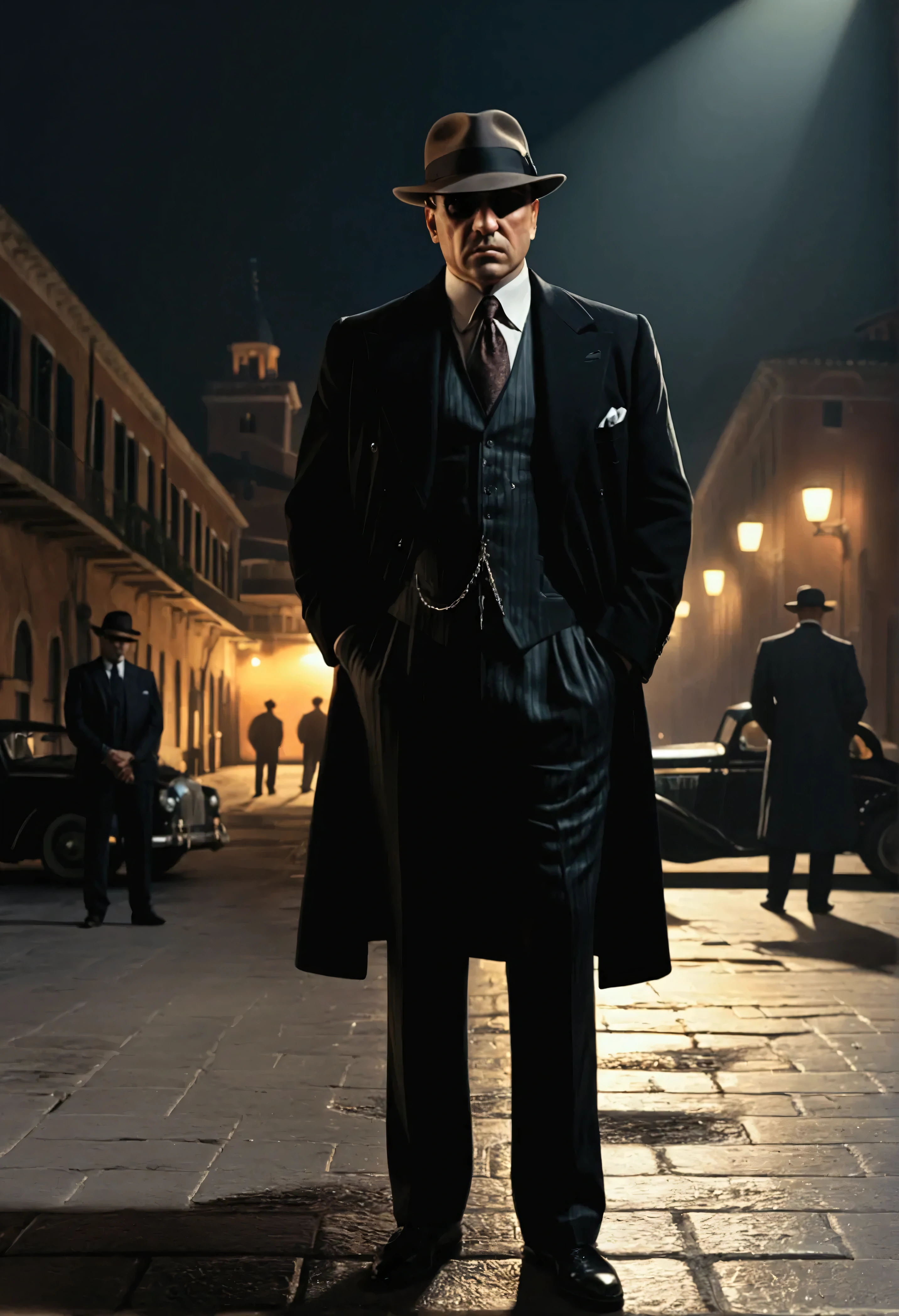 a mafia Boss standing imposingly in a night port, backlit, (best quality,4K,8k,highres,masterpiece:1.2),ultra-detailed,(realistic,photorealistic,photo-realistic:1.37),dramatic lighting,dramatic pose,Chiaroscuro,cinematic,moody,dark,mysterious,ominous,high contrast,dramatic shadows,strong backlighting,Italian Mafia,mafia,mobster,Boss,powerful,authoritative,stern expression,serious expression,suit,expensive suit,luxury,Elegant,wealthy,intimidating,tense,suspenseful,good looking,Beautiful light and shadow,Italian Fashion,A photo like a scene from a movie,Professional Lighting,Vintage elements