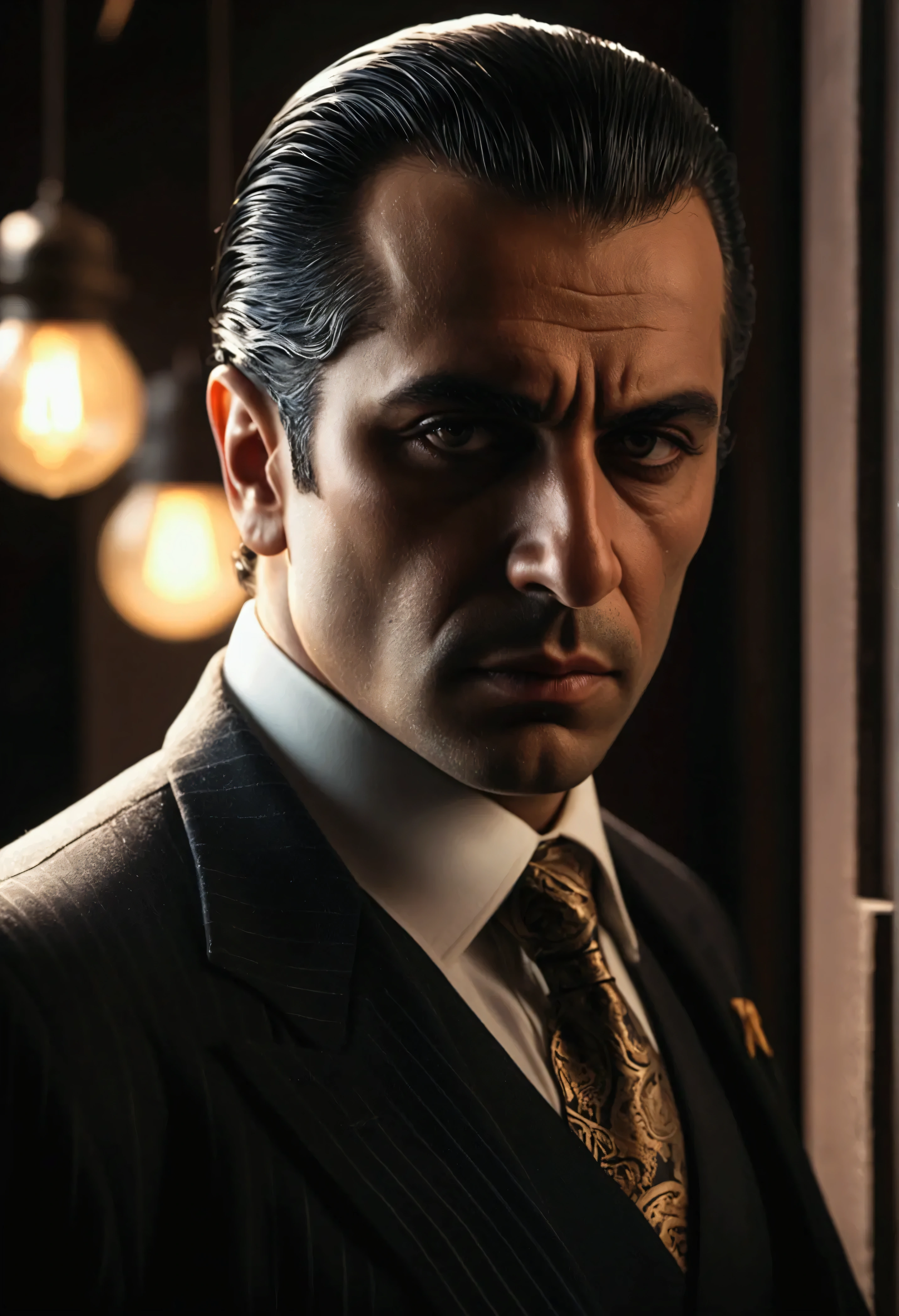 a mafia Boss standing imposingly in a night port, backlit, (best quality,4K,8k,highres,masterpiece:1.2),ultra-detailed,(realistic,photorealistic,photo-realistic:1.37),dramatic lighting,dramatic pose,Chiaroscuro,cinematic,moody,dark,mysterious,ominous,high contrast,dramatic shadows,strong backlighting,Italian Mafia,mafia,mobster,Boss,powerful,authoritative,stern expression,serious expression,suit,expensive suit,luxury,Elegant,wealthy,intimidating,tense,suspenseful,good looking,Beautiful light and shadow,Italian Fashion,A photo like a scene from a movie,Professional Lighting,Vintage elements