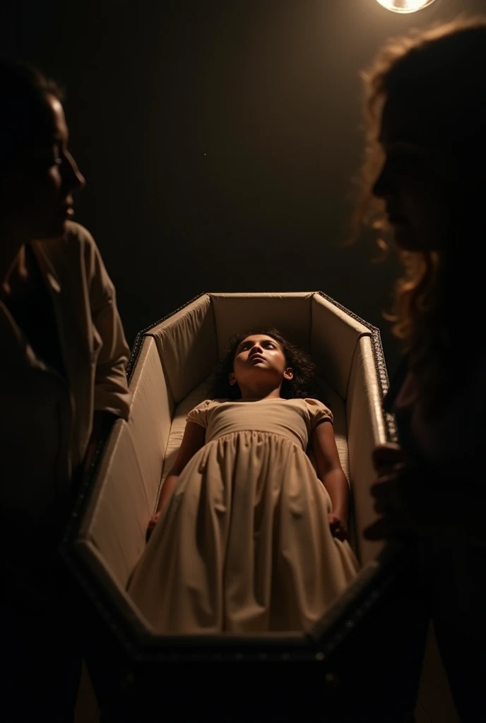 Imagine a dark room and there is only a coffin in the center and a girl sleeping on top of the coffin and the dead person is inside the coffin.