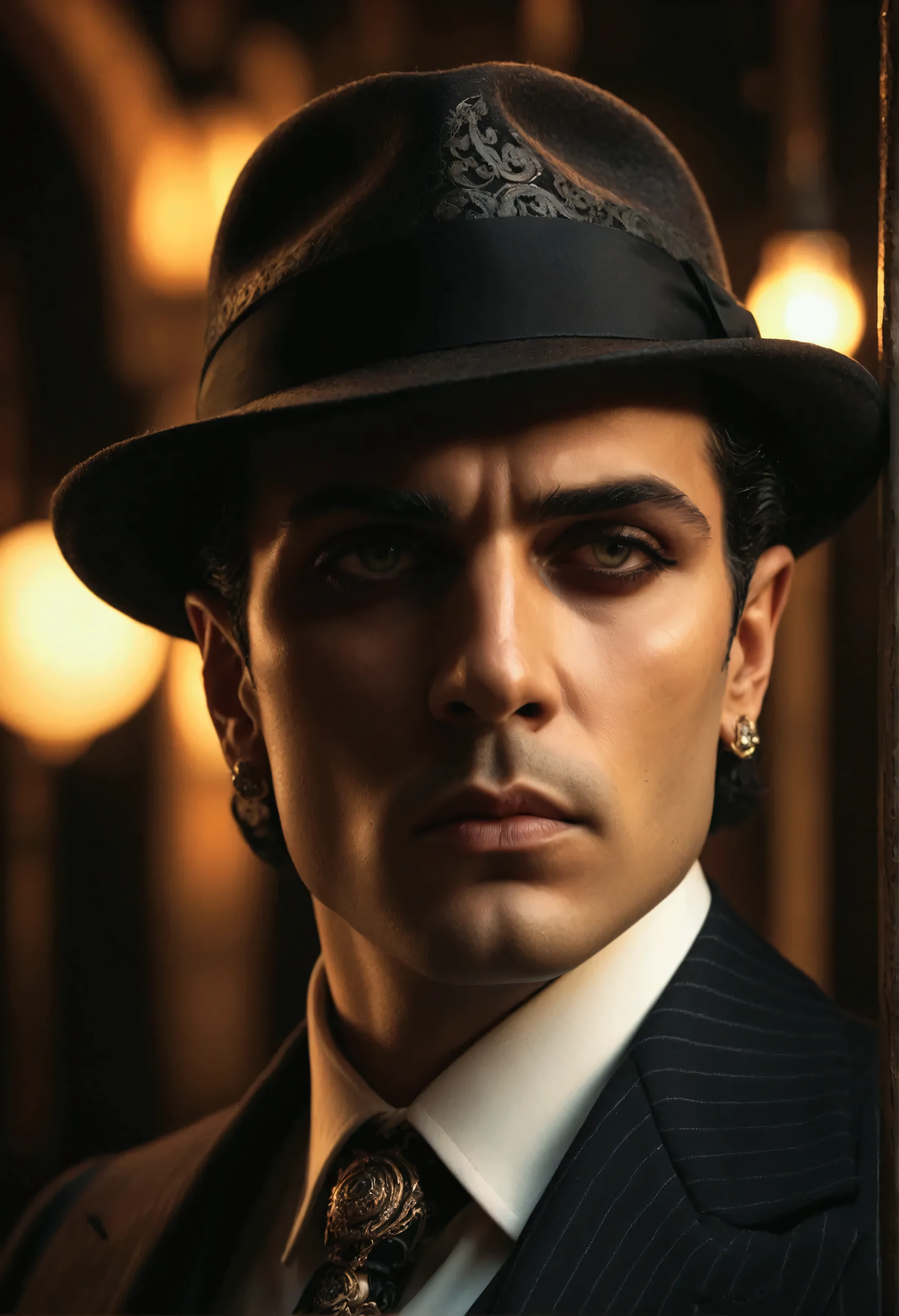 a mafia Boss standing imposingly in a night port, backlit, (best quality,4K,8k,highres,masterpiece:1.2),ultra-detailed,(realistic,photorealistic,photo-realistic:1.37),dramatic lighting,dramatic pose,Chiaroscuro,cinematic,moody,dark,mysterious,ominous,high contrast,dramatic shadows,strong backlighting,Italian Mafia,mafia,mobster,Boss,powerful,authoritative,stern expression,serious expression,suit,expensive suit,luxury,Elegant,wealthy,intimidating,tense,suspenseful,good looking,Beautiful light and shadow,Italian Fashion,A photo like a scene from a movie,Professional Lighting,Vintage elements