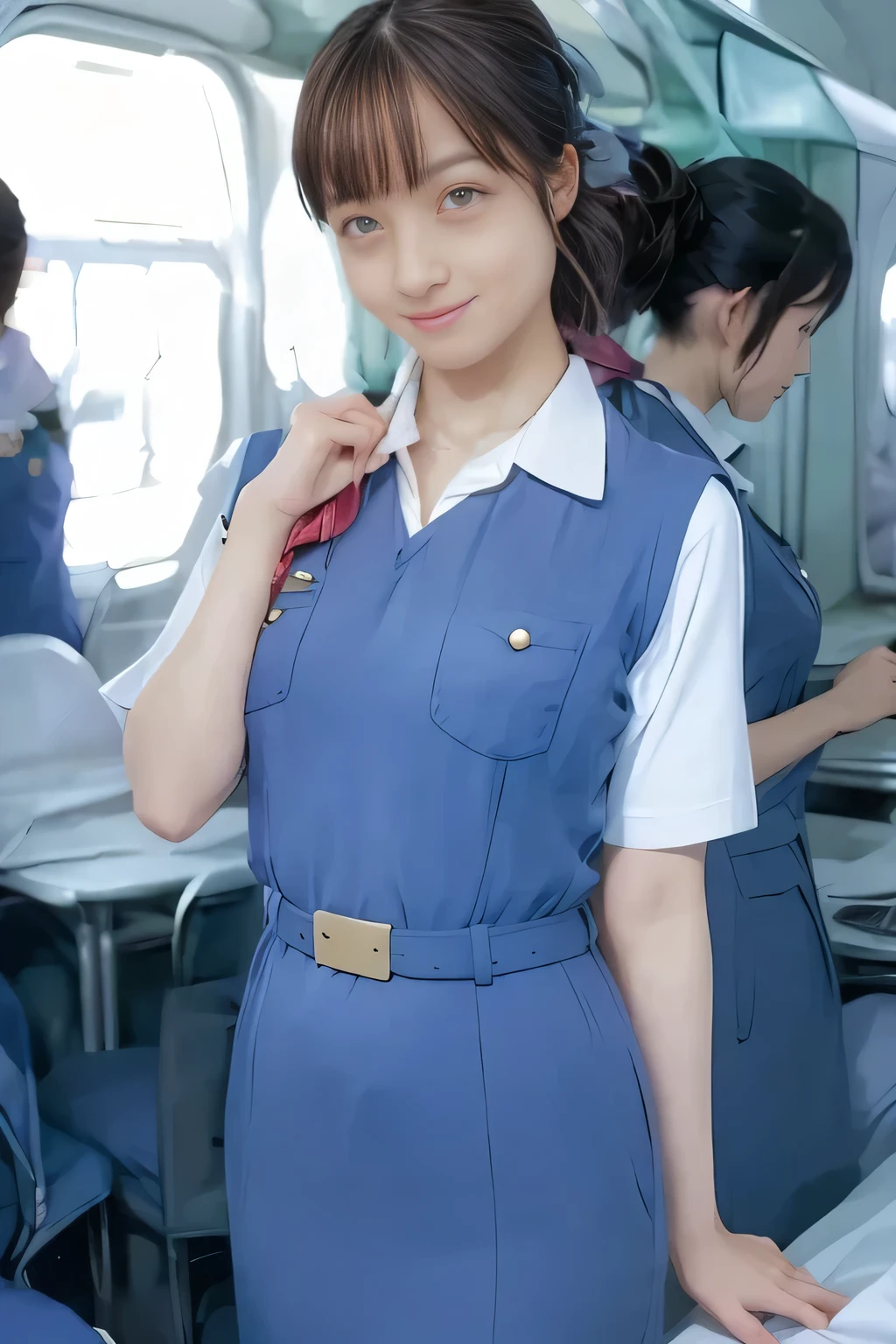 (masterpiece:1.2, Best Quality:1.2), 32K HDR, High resolution, (Alone、1 girl)、（On the roof of a building during the day、Professional Lighting）、Building rooftop background、（Real style wearing Japan air system cabincrew uniform blue）、（（Japan Air System cabincrew uniform blue jumper skirt with pockets on both sides、Japan air system cabincrew uniform blue jumper skirt with buttons on the pocket、White short sleeve blouse 、 Light blue vest around waist、Scarf around the neck））、Dark brown hair、（Long Hair、Hair tied up、Hair tied up）、Dark brown hair、Long Shot、Big Breasts、Thin legs、（（Great hands：2.0）），（（Harmonious body proportions：1.5）），（（Normal limbs：2.0）），（（Normal finger：2.0）），（（Delicate eyes：2.0）），（（Normal eyes：2.0））)、smile、（Japan air system cabincrew uniform blueを見せた美しい立ち姿）、Hands clasped underneath