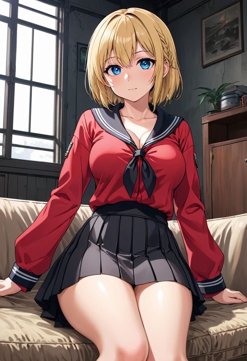 best quality, ultra-detailed, high resolution, extremely detailed cg, unity 8k wallpaper, masterpiece,darjeeling (girls und panzer), short hair, twin braids, bangs, blonde hair, blue eyes, {{red jacket}}, long sleeves, [[[epaulettes]]], {{black skirt}}, pleated skirt, miniskirt, black boots, medium breasts, {{thighhighs}}, potbelly, {{{{{masterpiece}}}}}, {{{{{highly detailed}}}}}, {{{{{Enhance}}}}}, [[[[[anime coloring]]]]], sitting on couch, indoors, [[[[[evil smile]]]]],large breasts,half-closed eyes,annoyed, shibari , straw rope , bondage, bound upside, long hair, stripped, perfect body,  femsub, BDSM, no panty, Open Cup bra , nipple cutout , big breasts, at night, ahegao , orgasm , moaning , tied up her wrist behind her back, tied up ankle together to ceiling, tied up upside , in abandoned room, bracing,(spread legs), sunlight,no panties, spread pussy , pubic hair, ground level shot , love juice , ((clitoris:1.8)) 