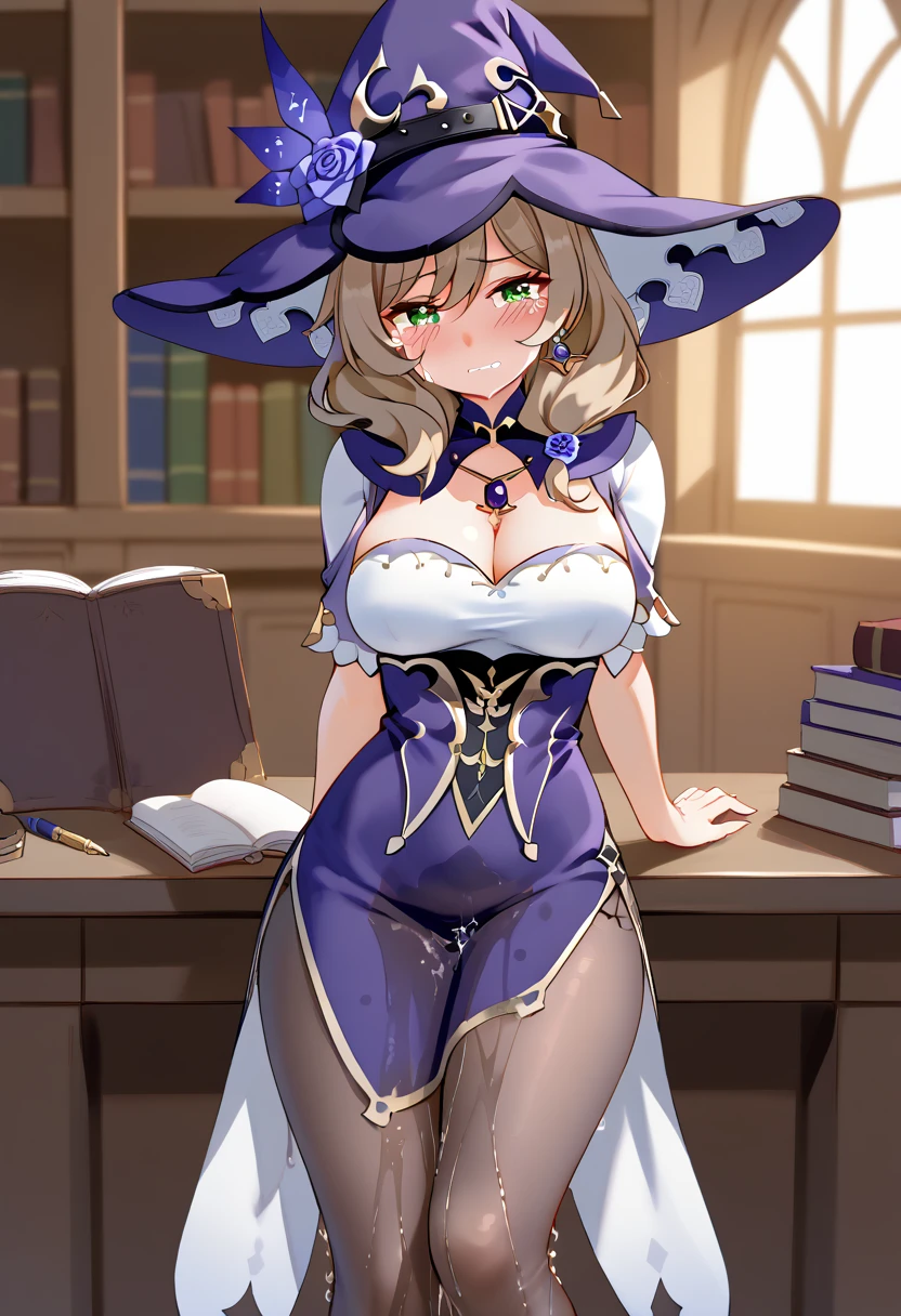 (\li sha\), 1girl, breasts, lisa \(genshin impact\), A detailed portrait of a young woman with beautiful green eyes, brown hair, and bangs, wearing a witch hat, dress, pantyhose, and purple headwear with earrings, (1girl, detailed eyes, extremely detailed face), beautiful detailed eyes, extremely detailed eyes and face, long eyelashes, brown hair, green eyes, witch hat, purple headwear, earrings, long hair, bangs, hair ornament, (wetting self:2.0), humiliation, blushing, angry, tears, standing, (best quality, 4k, 8k, highres, masterpiece:1.2), ultra-detailed, HDR, UHD, studio lighting, ultra-fine painting, sharp focus, physically-based rendering, extreme detail description, professional, vivid colors, bokeh, portrait