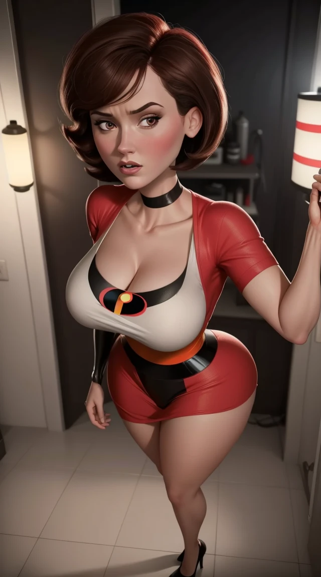 Helen Parr female, ((masterpiece, The best quality)), full body view, sexy, huge breasts that explode, Detailed skin, Helen Parr as a nurse, nurse's white clothes, highly detailed, cinematic lighting, ultra realistic, blush, Looking at the viewer, helen, short black straight hair, portrait, cleavage, big breasts, Wide hips, full body view, high,