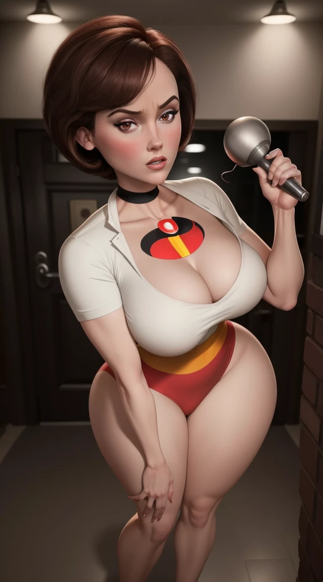 Helen Parr female, ((masterpiece, The best quality)), full body view, sexy, huge breasts that explode, Detailed skin, Helen Parr as a nurse, nurse's white clothes, highly detailed, cinematic lighting, ultra realistic, blush, Looking at the viewer, helen, short black straight hair, portrait, cleavage, big breasts, Wide hips, full body view, high,