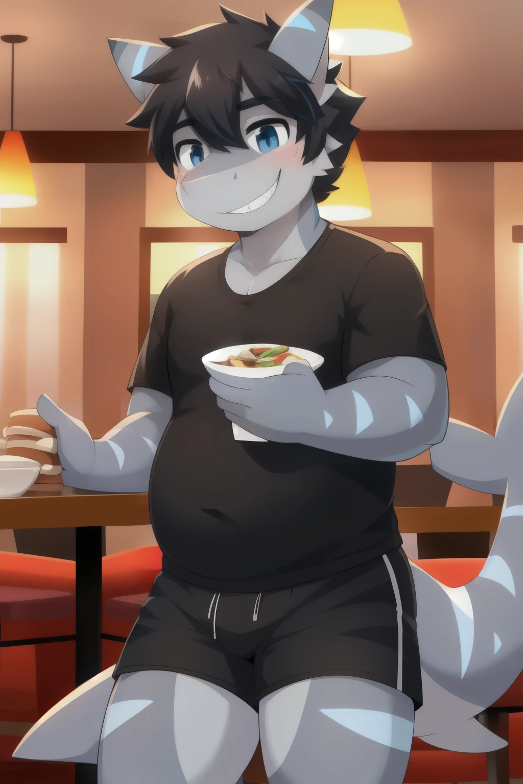 alone, man, Standing, smile,Black shirt ((hair, nose)), shark,shorts,Gray skin,Blue stripes,cute,cute,1,Restaurant backgroundbig chubby body, high quality, high quality, high resolution, 4K,  horny expression, 