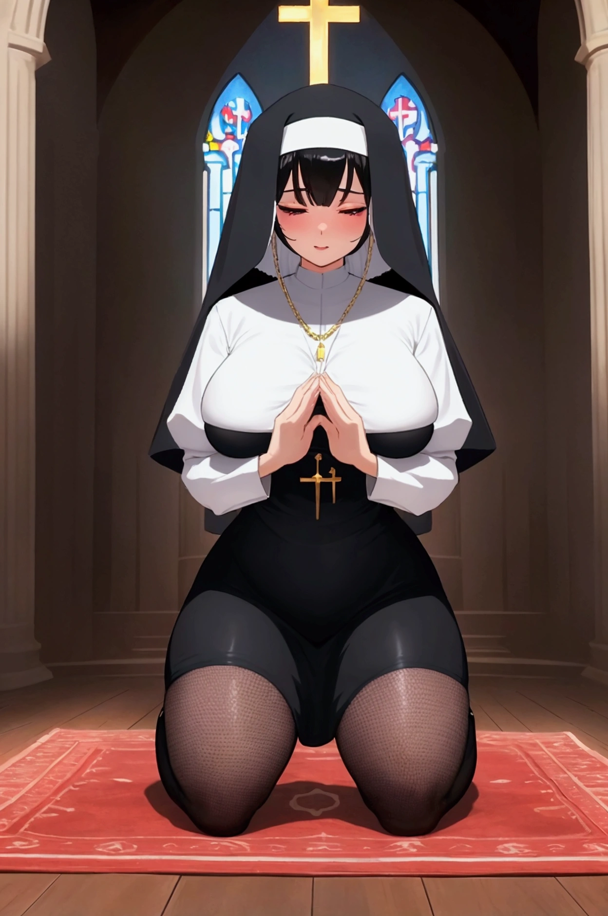 (young nun:1.4), seductive demon girl, red flesh, succubus, nun suit, lace underwear, slutty nun, sexy, NSFW, small cock inside pussy, (fucked by goblins:1.4), bunch of green goblins, ((group sex)), penetration, intense fuck, can't take it anymore, pleasure and pain, saliva, cumming, opaque pantyhose, heels, at church