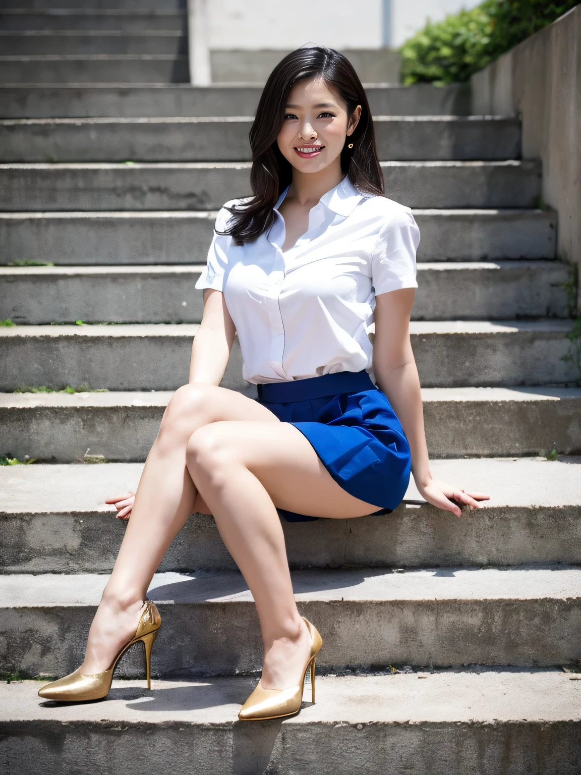 Best Quality、8k、masterpiece、Realistic, Sharp focus, High resolution, High resolution, One Girl, Alone, Japanese, Beautiful woman,((Sitting on concrete steps)),I can see your chest, Royal Blue Mini Skirt Dress、Gold Edge、High heels、Attractive body,Photograph the whole body,smile,