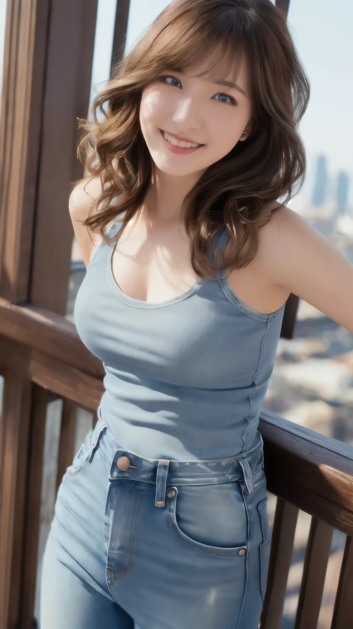 (RAW, analogue, Nikon Z 14mm ultra-wide angle lens, award-winning glamour photograph, ((best quality)), ((masterpiece)), ((realistic)), skin pores, subsurface scattering, radiant light rays, high-res, detailed facial features, high detail, sharp focus, smooth, aesthetic, extremely detailed, (extremely detailed eyes, extremely detailed iris), extremely detailed hair, extremely detailed skin, extremely detailed clothes, octane render, photorealistic, realistic, post-processing, max detail, realistic shadows, roughness, natural skin texture, real life, ultra-realistic, photorealism, photography, 8k UHD, photography, hdr, intricate, elegant, highly detailed, sharp focus, stunning, beautiful, gorgeous), (masterpiece:1.2, best quality1:1, ultra-detailed:1.2, best shadow, 8k:1.1), (massive city:1.3, rooftop:1.1, city structures below, handrails), (contrasting background, bright background), (beautiful detailed face), high contrast, (perfect illumination:1.2, beautiful color, delicate color), ((cinematic light)), colorful, hyper detail, dramatic light, intricate details, (1 girl, solo, brown hair, smiling face, short hair, wavy hair:1.1, blue eyes, dynamic angle, white tanktop, jeans, cowboy shot, arms down), depth of field