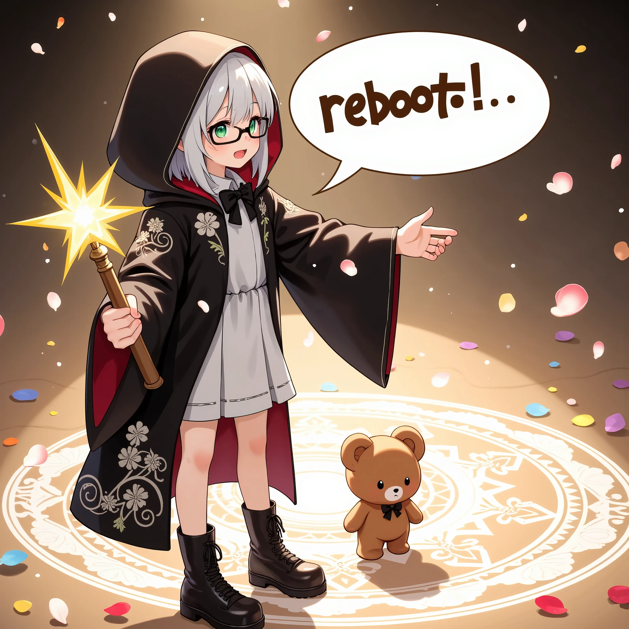 Sepia brown photo,comic balloon saying “REBOOT”, 1girl\(cute,little kid, white skin, pale skin, hoodie head , black robe\(hood,beautiful gorgeous white embroidery with many detailed flower pattern\), white frilly dress, wearing black glasses, Jade color eyes, black long boots, white hair, curly hair, bangs, shoulder length bob hair, holding glowing magic stick, using magic,\) standing at side looking at magic circle, at side and opposite side A moving 1teddy bear\(brown, small, fluffy, cute black bow around neck, cute pose, familiar sprit\) standing, a big shining magic circle\(Beautiful geometric patterns\) on the center of the ground and from there so many beautiful colorful petals are overflowing with many beautiful sparkles, happy atmosphere,wear glasses