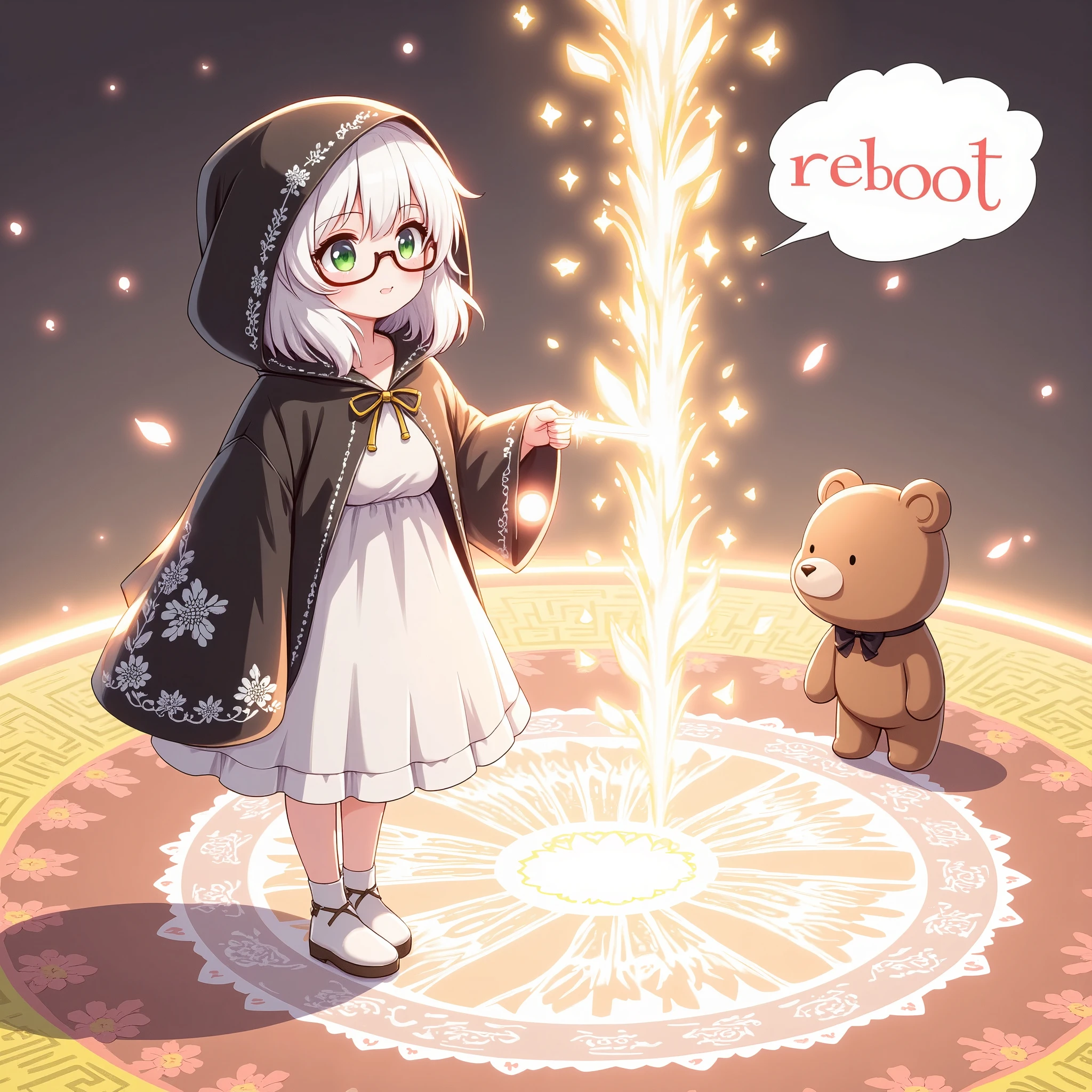 Sepia brown filter, comic balloon saying “REBOOT” with beautiful font, 1girl\(cute, white skin, pale skin, hoodie head , black robe\(hood,beautiful gorgeous white embroidery with many detailed flower pattern\), white frilly dress, wearing black glasses, Jade color eyes, black long boots, white hair, curly hair, bangs, shoulder length bob hair, holding glowing magic stick, using magic,\) standing at side looking at magic circle, at side and opposite side A moving 1teddy bear\(brown, small, fluffy, cute black bow around neck, cute pose, familiar sprit\) standing, a big shining magic circle\(Beautiful geometric patterns\) on the center of the ground and from there so many beautiful colorful petals are overflowing with many beautiful sparkles, happy atmosphere